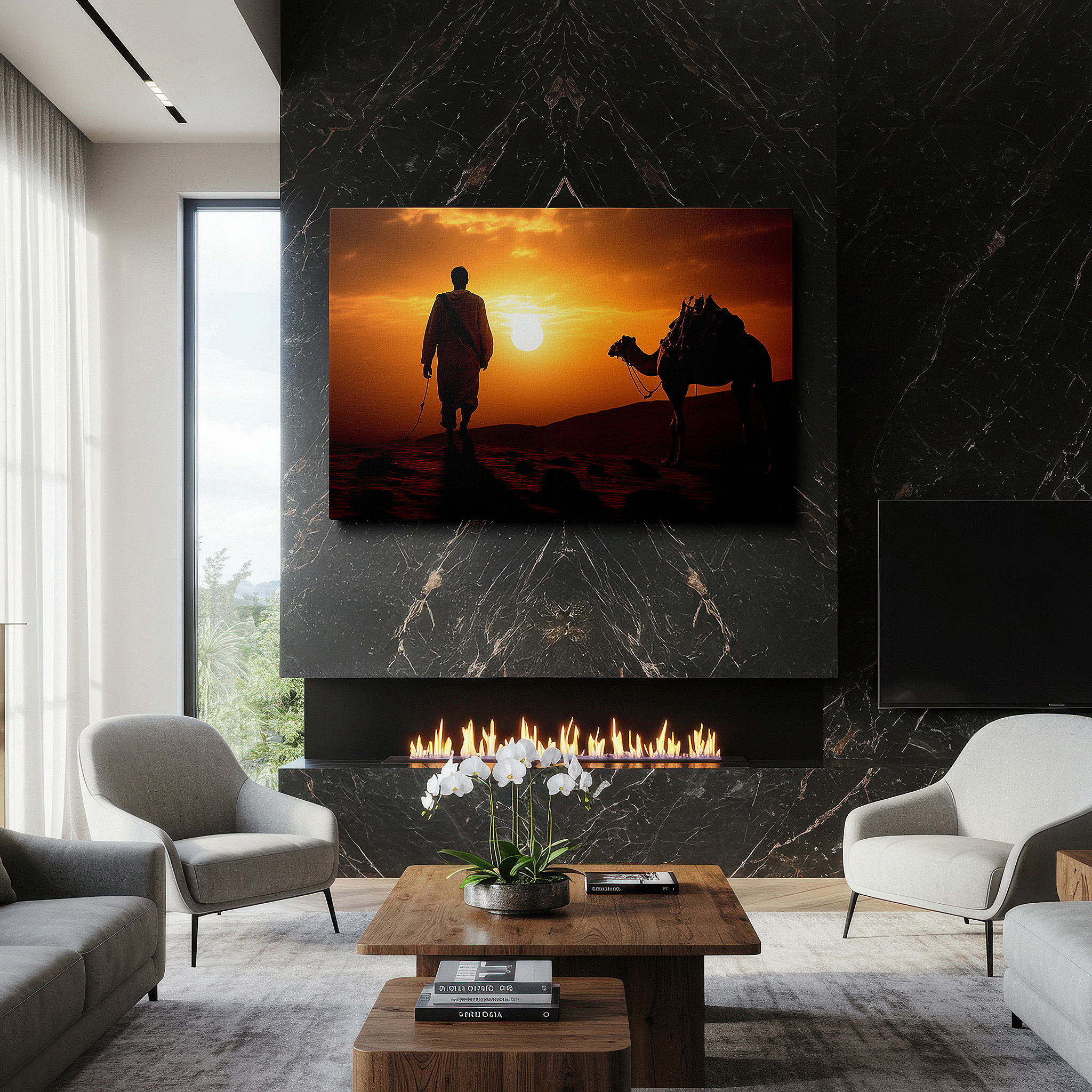 Bold and expansive at 90×60 cm — ideal for making a statement above large furniture — serene desert voyage featuring a man and camel at sunset - oversized canvas wall art for office, bedroom, and living room decor