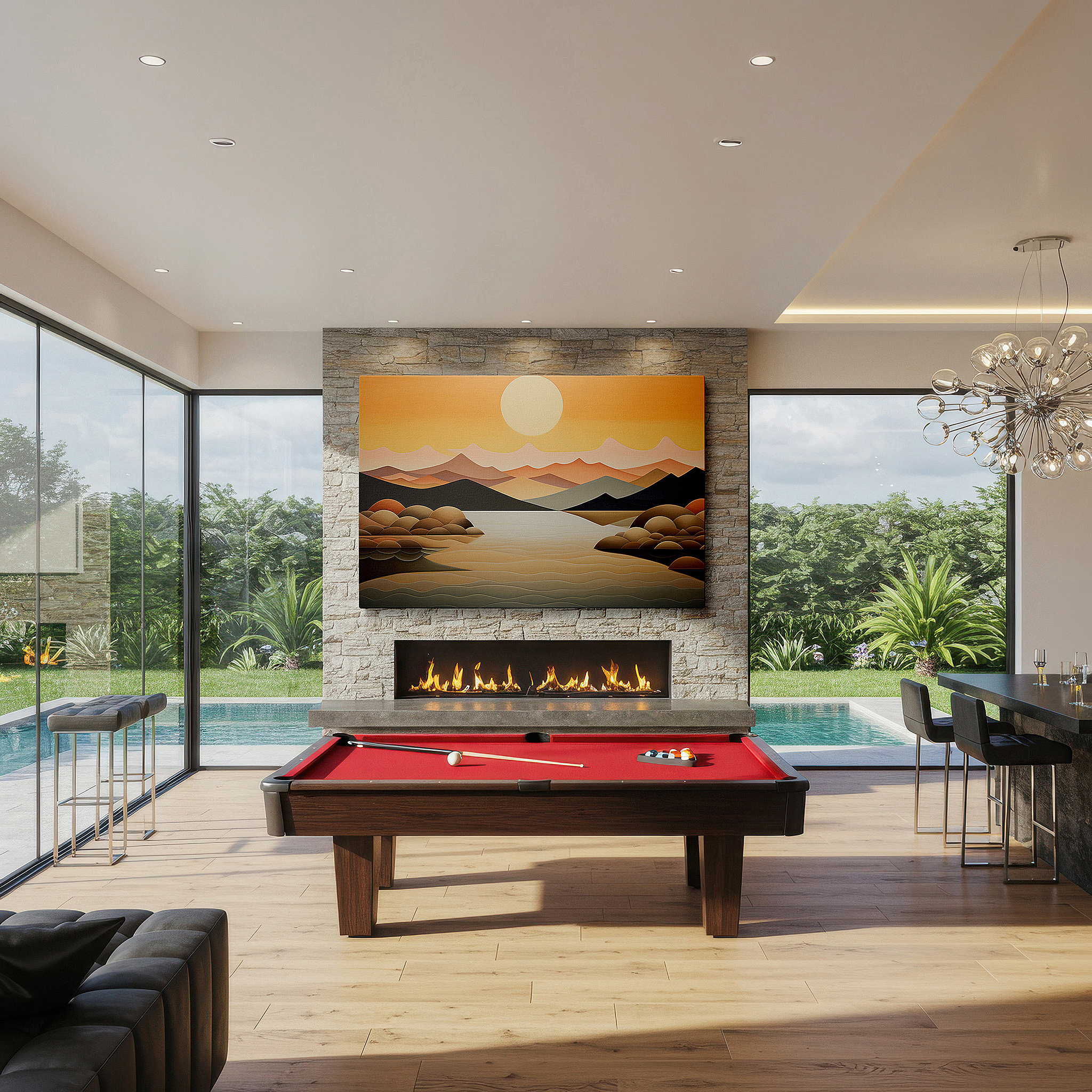 Bold and expansive at 90×60 cm — ideal for making a statement above large furniture — serene pastel landscape featuring soft hills and calm waters beneath a radiant sun, large canvas wall art for home and office decor