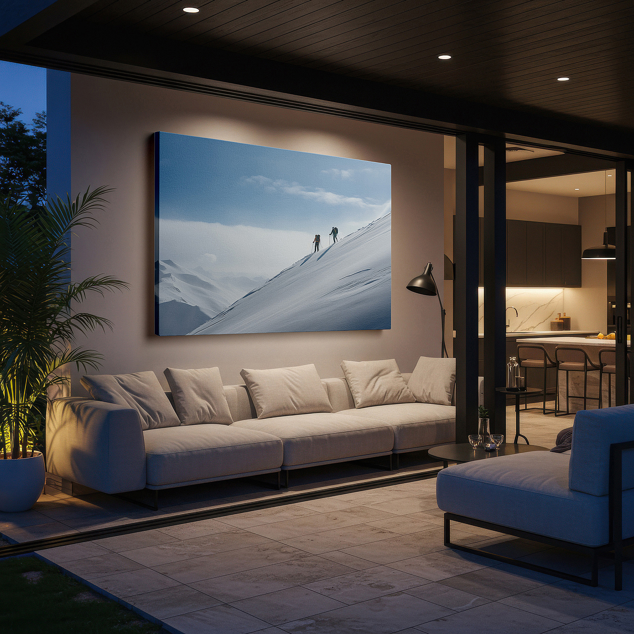 Bold and expansive at 90×60 cm — ideal for making a statement above large furniture — skiers climb majestic mountain beneath clear blue sky, a vibrant tribute to winter sports and resilience, large canvas wall art
