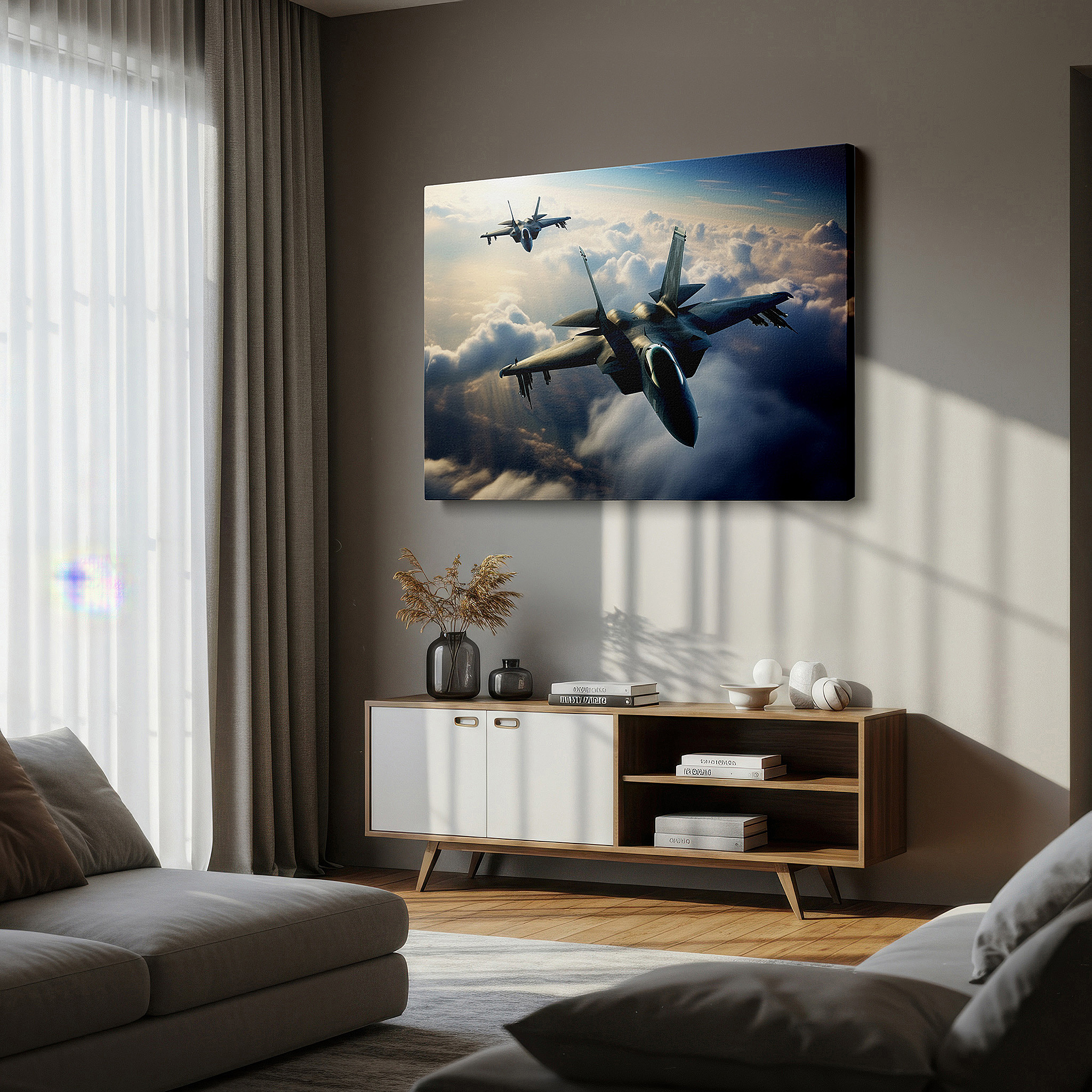 Bold and expansive at 90×60 cm — ideal for making a statement above large furniture — soaring jets among golden clouds - celebrating aviation and technological wonders large wall art, canvas wall art, wall decor, office wall art