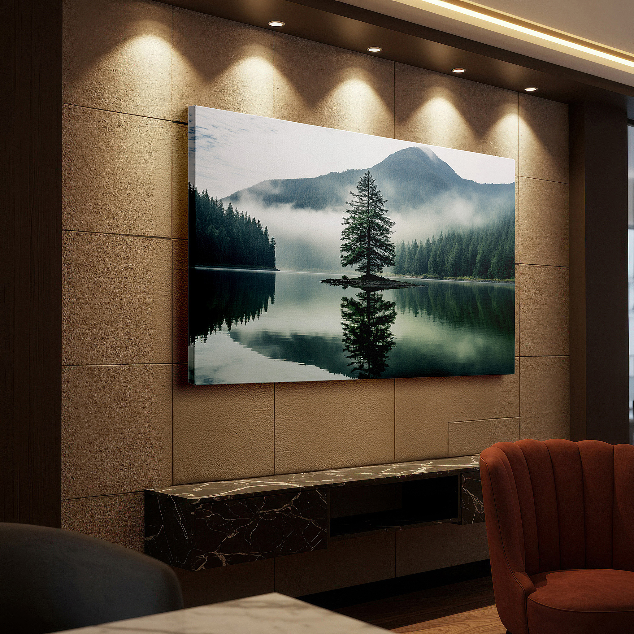 Bold and expansive at 90×60 cm — ideal for making a statement above large furniture — solitary tree on a foggy island reflecting on calm waters - large canvas wall art for office and bedroom decor