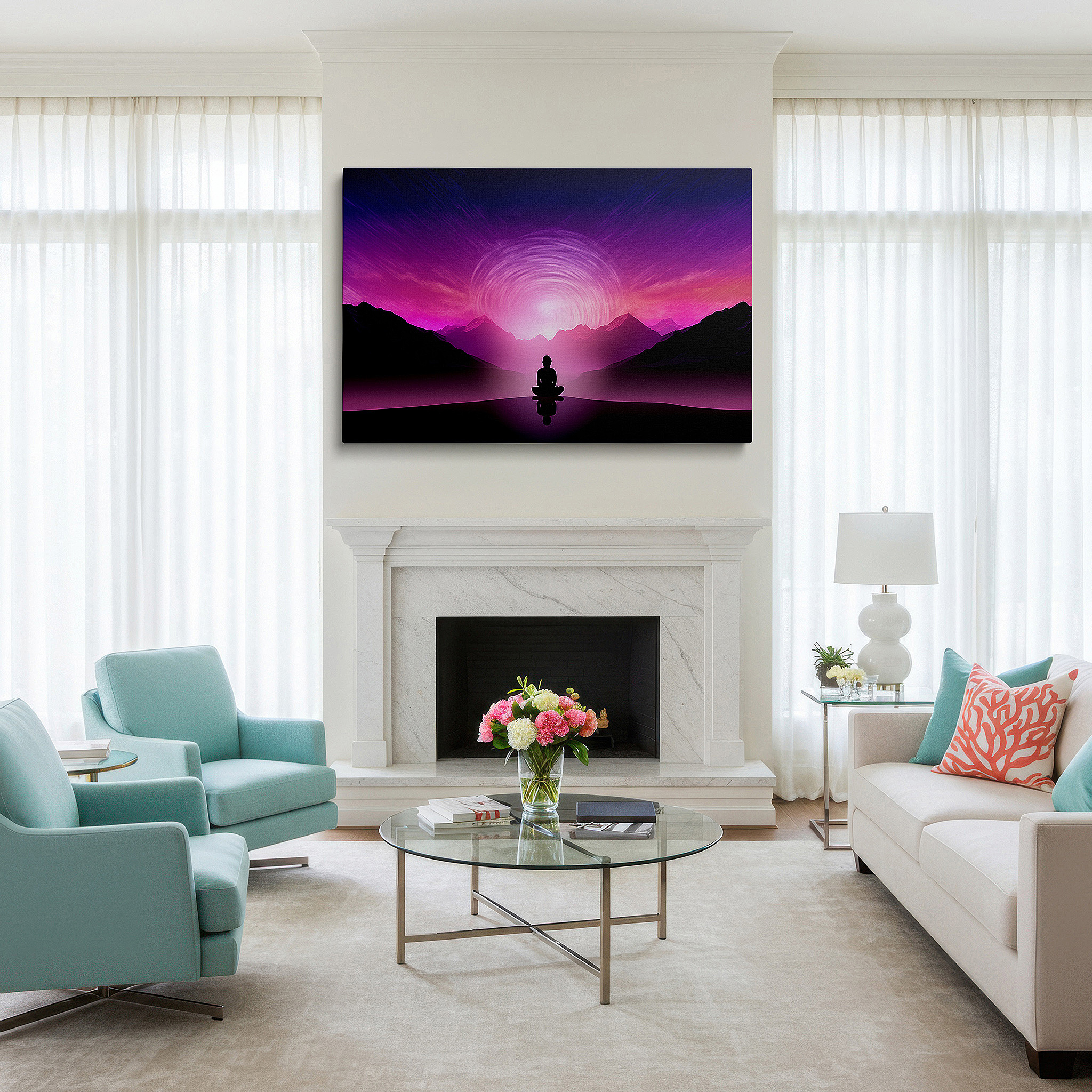 Bold and expansive at 90×60 cm — ideal for making a statement above large furniture — spiritual reflection and dynamic energy in abstract mountain vistas: meditative solitude large wall art, canvas wall art, wall decor