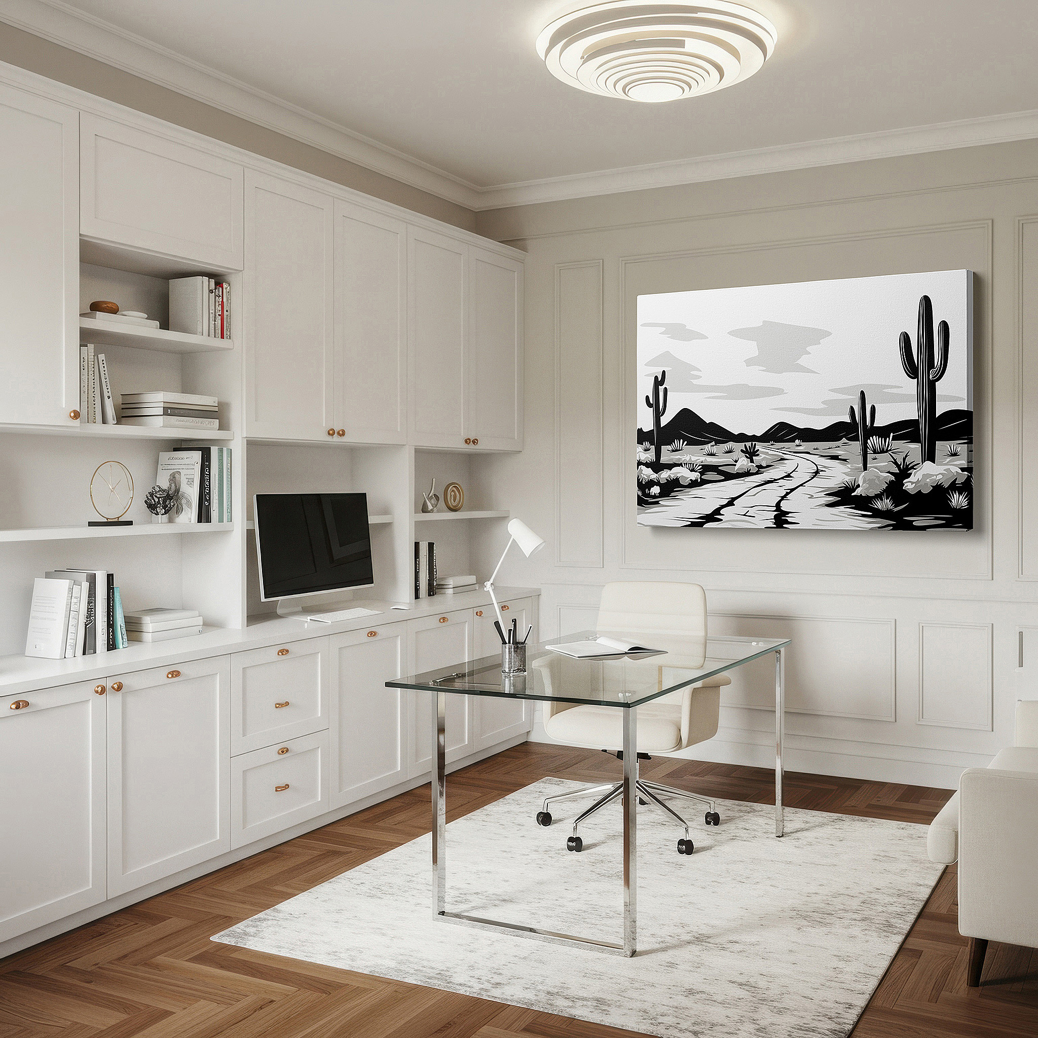 Bold and expansive at 90×60 cm — ideal for making a statement above large furniture — stunning black and white desert landscape wall art featuring cacti and cracked terrain under a radiant sky, large canvas wall art