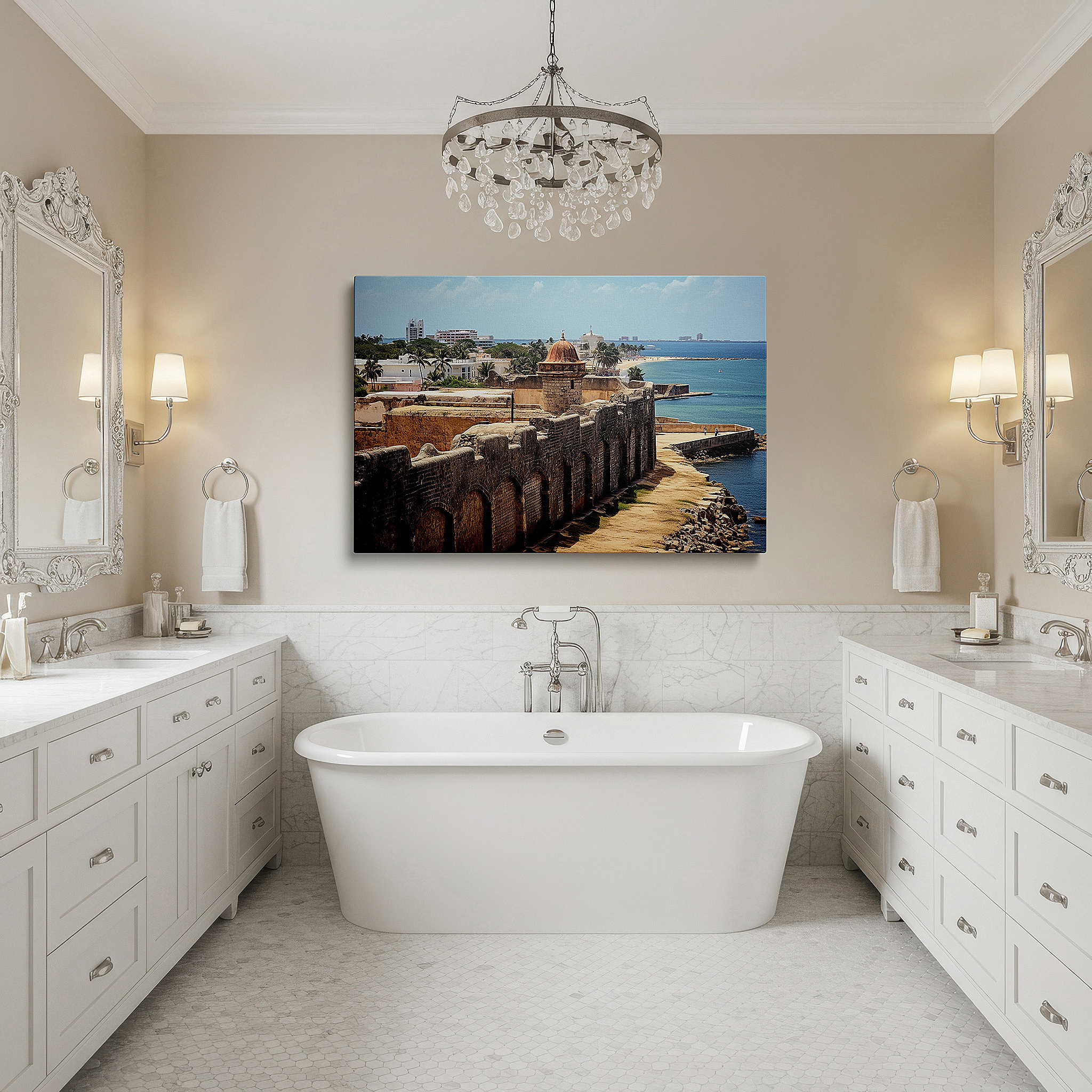 Bold and expansive at 90×60 cm — ideal for making a statement above large furniture — stunning oceanfront fortress, symbolizing historical durability and perseverance - large wall art, canvas wall art, wall decor