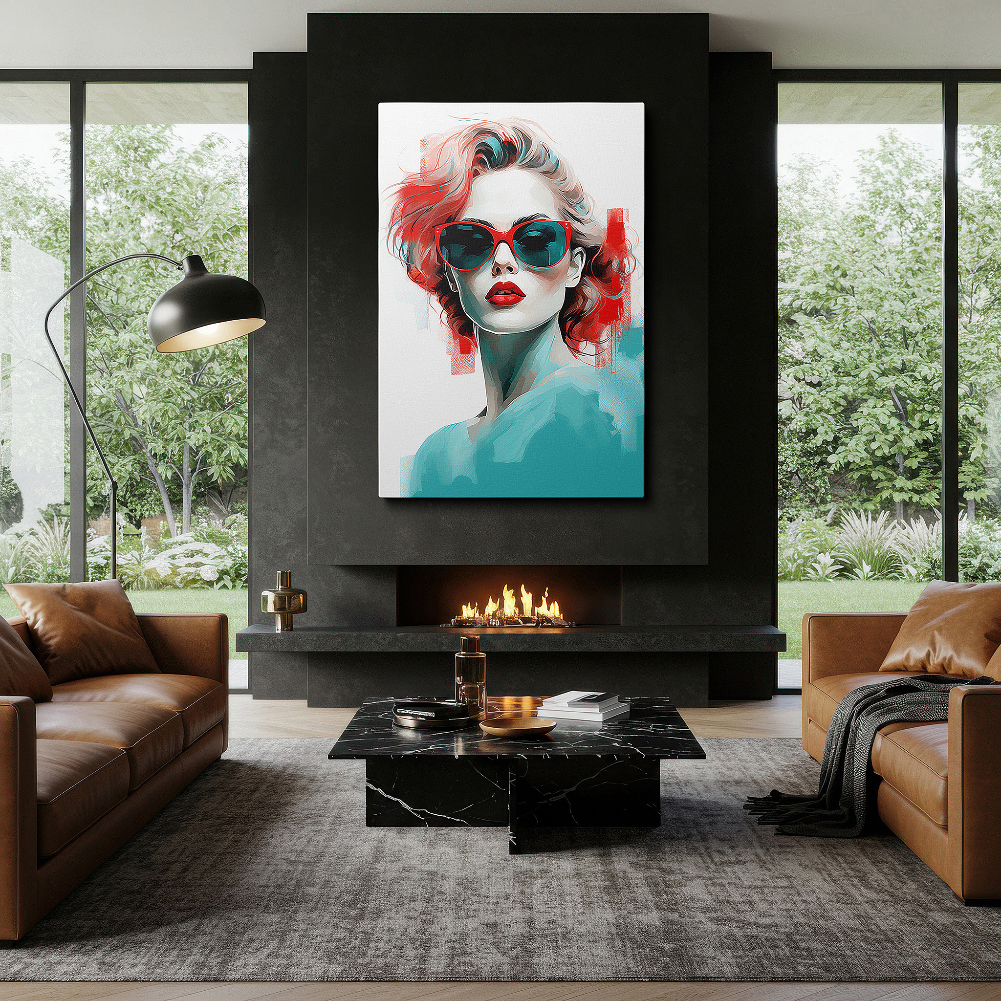 Bold and expansive at 90×60 cm — ideal for making a statement above large furniture — stunning wall art featuring a woman with turquoise sunglasses and bright red lips, ideal for office or bedroom decor