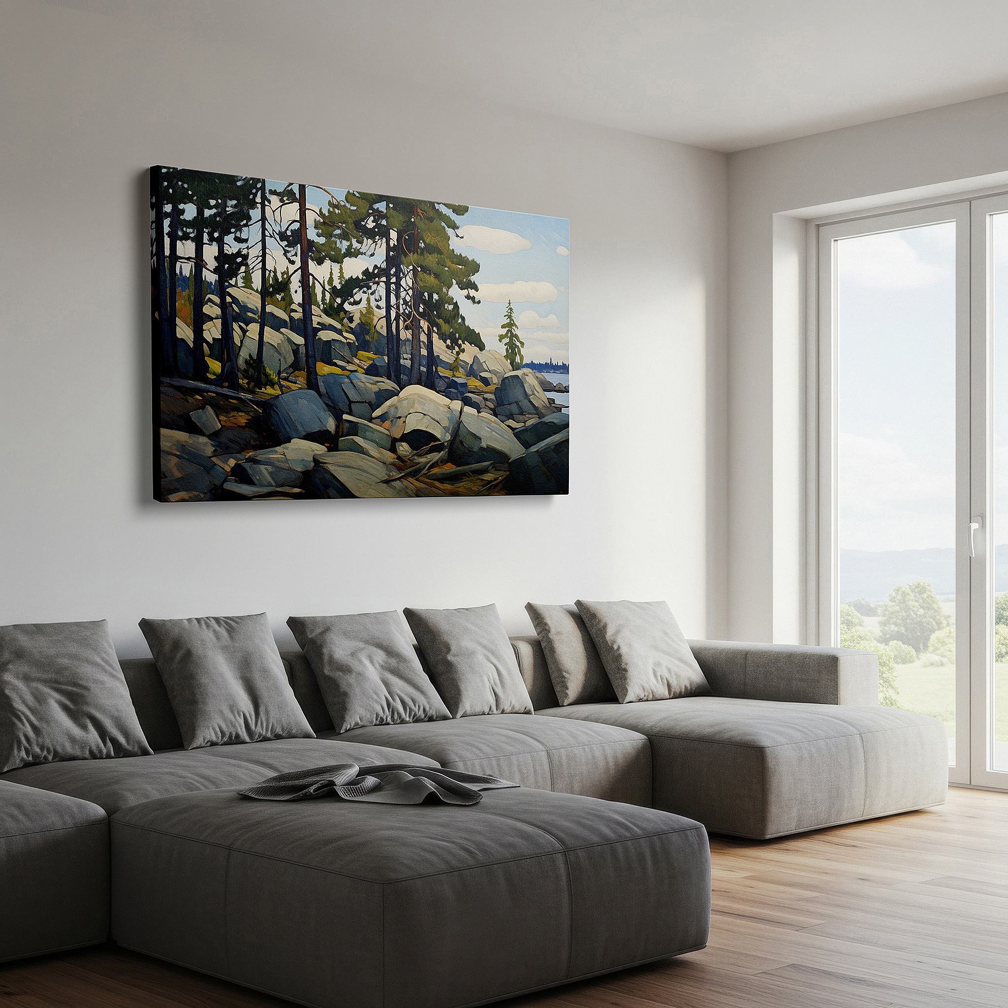 Bold and expansive at 90×60 cm — ideal for making a statement above large furniture — sunlit pines and granite boulders by a peaceful waterway large wall art, canvas wall art, wall decor for office, bedroom, and living room