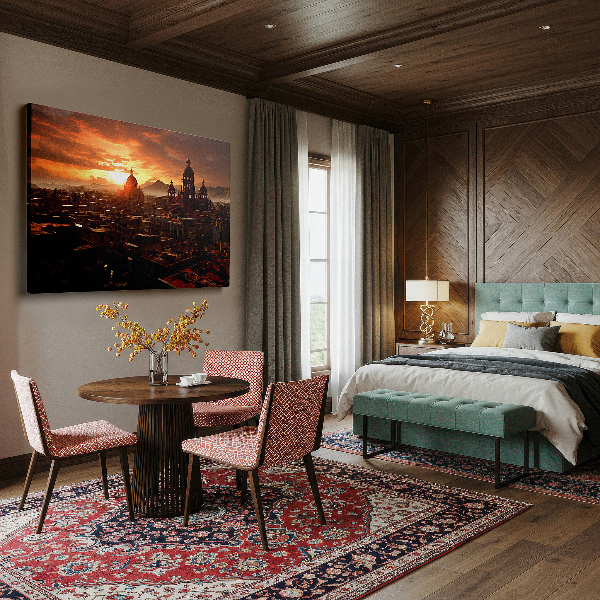 Bold and expansive at 90×60 cm — ideal for making a statement above large furniture — sunset over the historic city: a canvas of fiery skies and timeless silhouettes - large wall art for office and bedroom decor