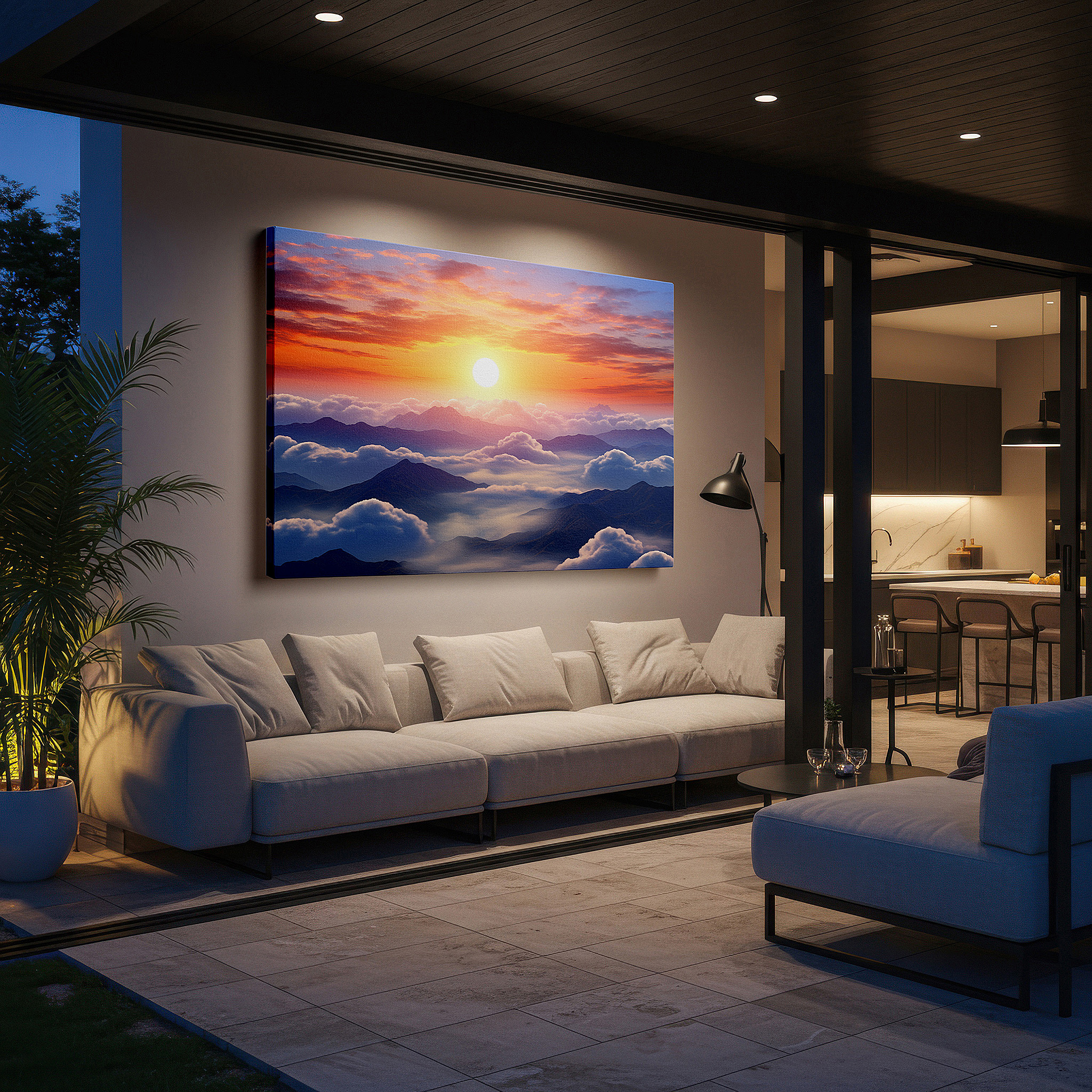 Bold and expansive at 90×60 cm — ideal for making a statement above large furniture — sunset majesty and ethereal clouds over rugged mountains, tranquil hues large canvas wall art for office and bedroom decor