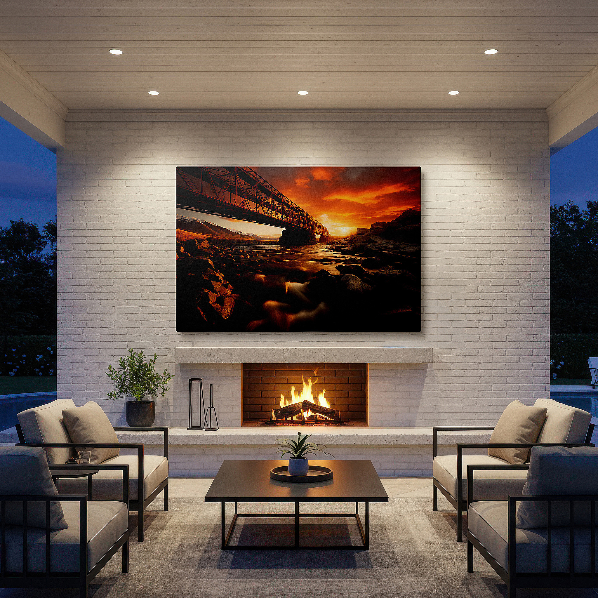 Bold and expansive at 90×60 cm — ideal for making a statement above large furniture — sunset river and industrial bridge scene - large canvas wall art for office decor