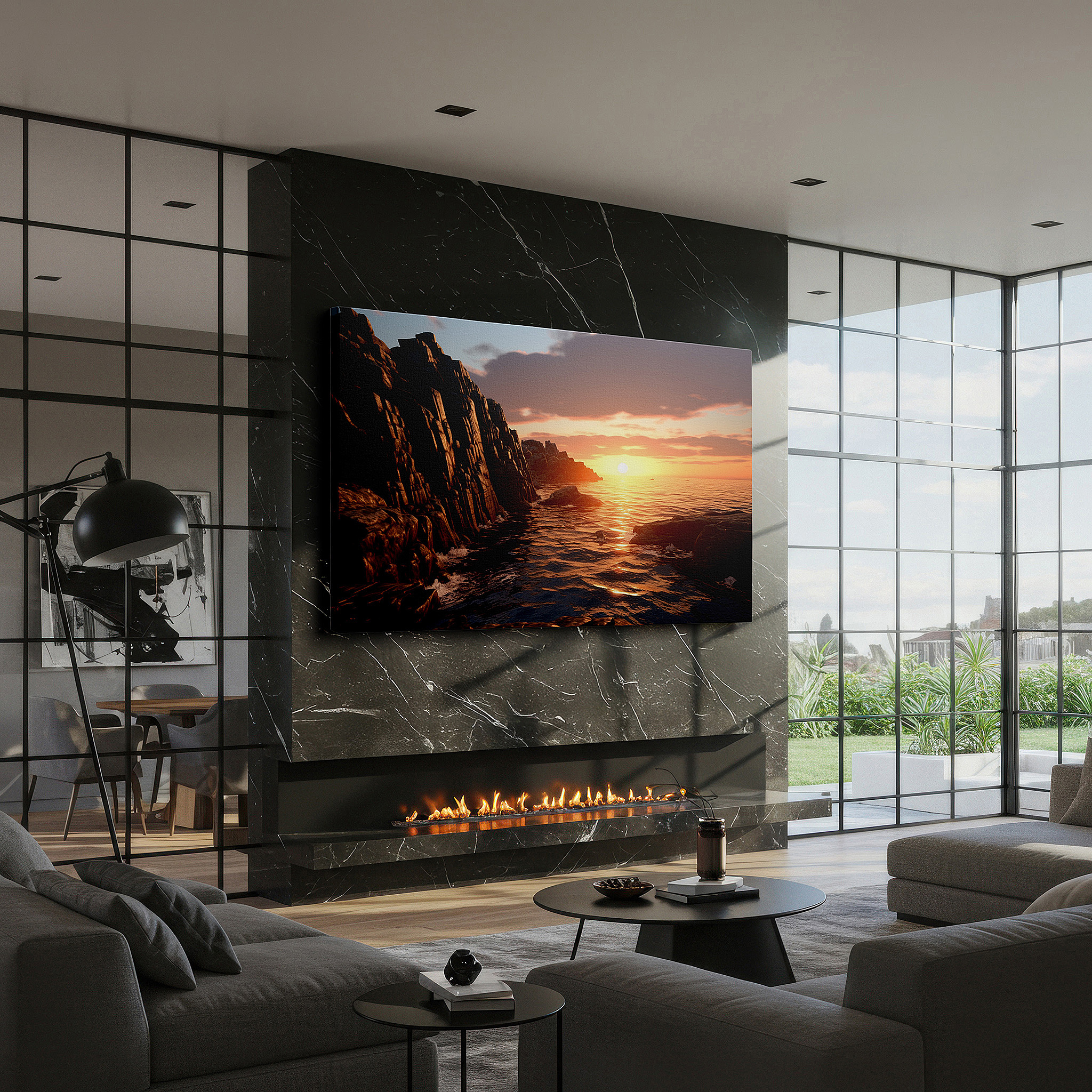 Bold and expansive at 90×60 cm — ideal for making a statement above large furniture — sunset over rugged coastline: a symphony of light and tranquility - large canvas wall art for office and bedroom decor