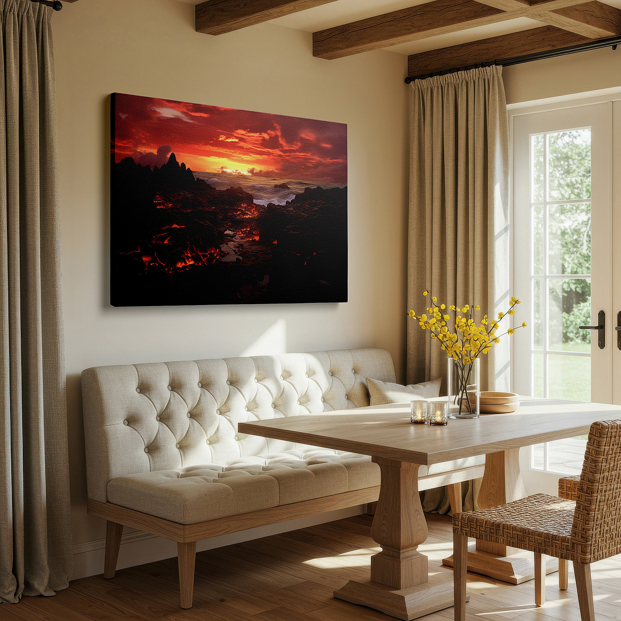 Bold and expansive at 90×60 cm — ideal for making a statement above large furniture — sunset symphony: fiery core and tranquil sea - large canvas wall art for home and office decor