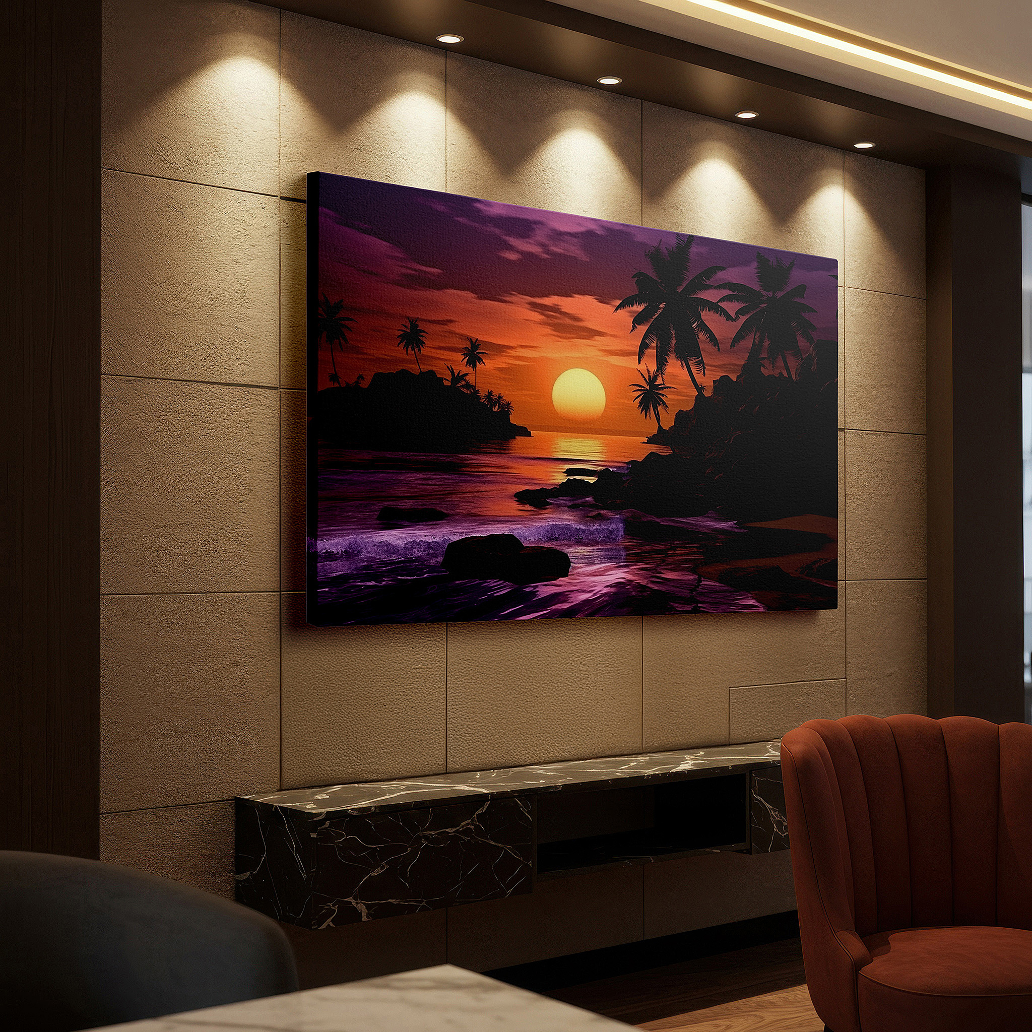 Bold and expansive at 90×60 cm — ideal for making a statement above large furniture — sunset in tropical paradise with glowing sun, majestic palms, and peaceful sea - large canvas wall art for office and bedroom decor