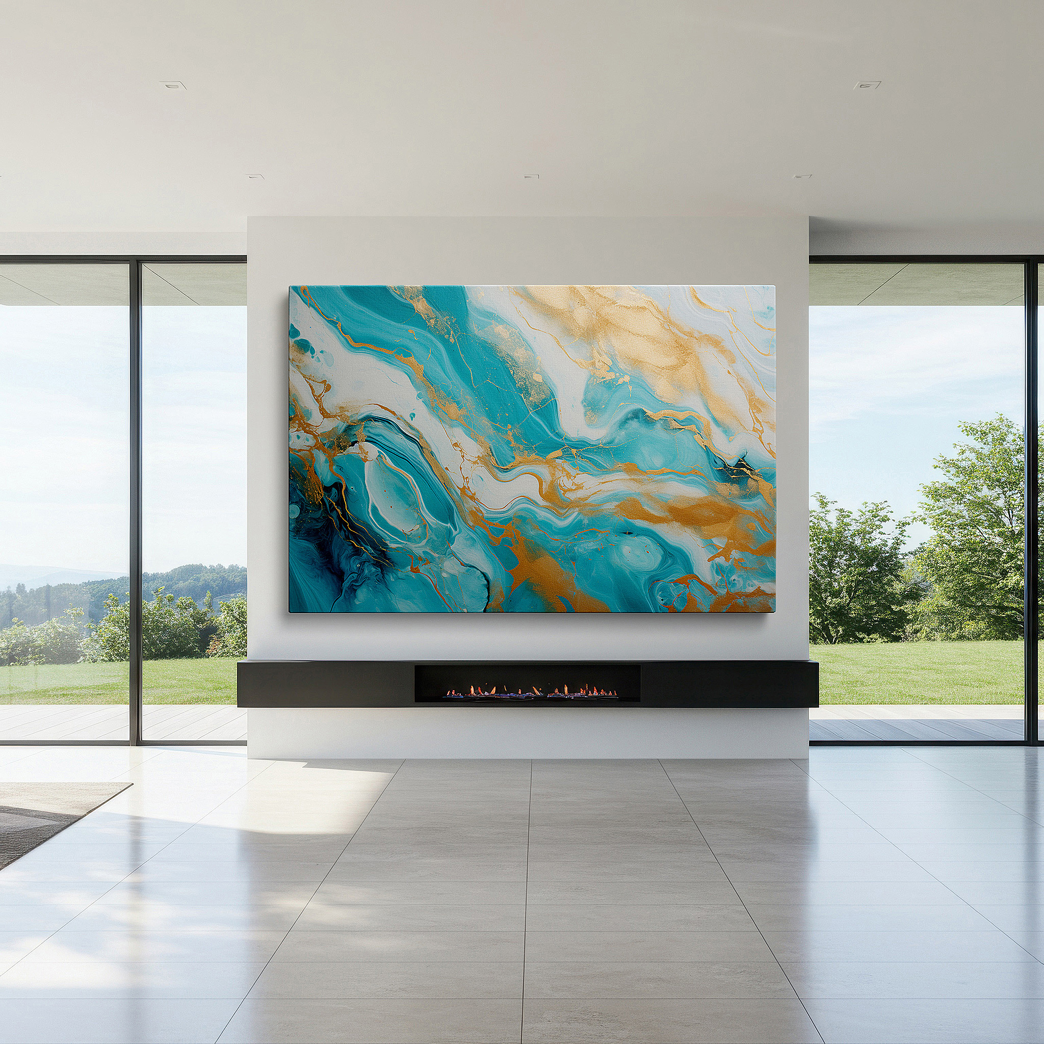 Bold and expansive at 90×60 cm — ideal for making a statement above large furniture — turquoise and gold swirls: oceanic elegance and sunlit opulence in dynamic large wall art, canvas wall art