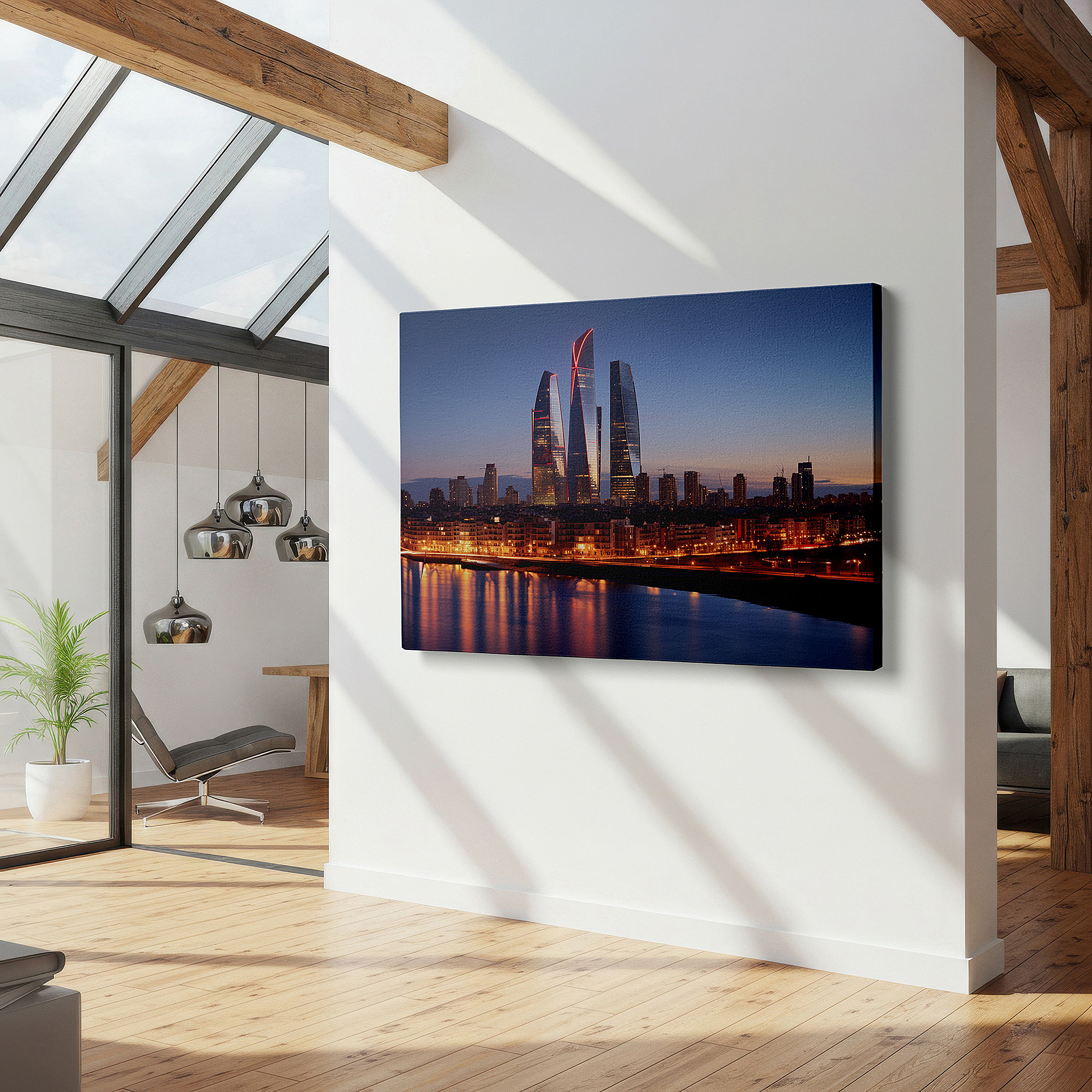 Bold and expansive at 90×60 cm — ideal for making a statement above large furniture — twilight cityscape wall art featuring glowing skyscrapers and reflective waters - large canvas for home and office decor, perfect for living room and bedroom