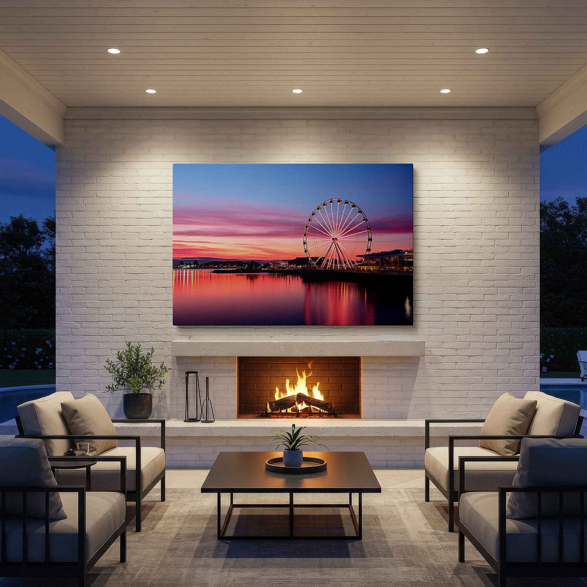 Bold and expansive at 90×60 cm — ideal for making a statement above large furniture — twilight glow over the ferris wheel: large waterfront reflection canvas art for office and bedroom decor