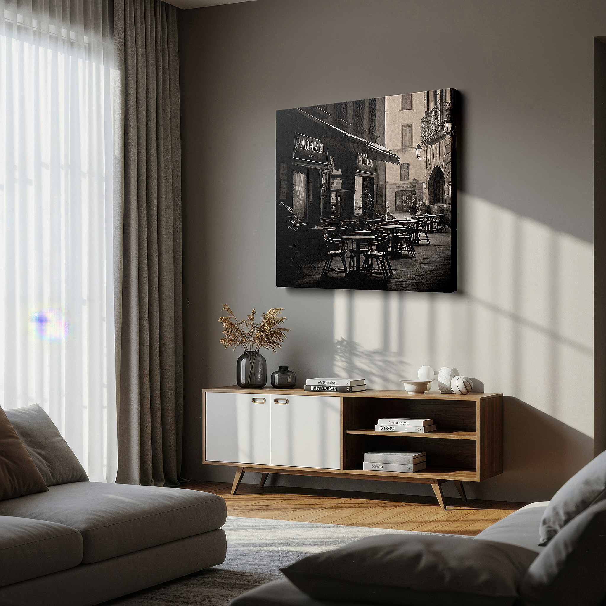 Bold and expansive at 90×60 cm — ideal for making a statement above large furniture — urban café wall art: tranquil scene with sleek chairs and enigmatic black signboard - large canvas art for home and office decor, perfect for living room and bedroom