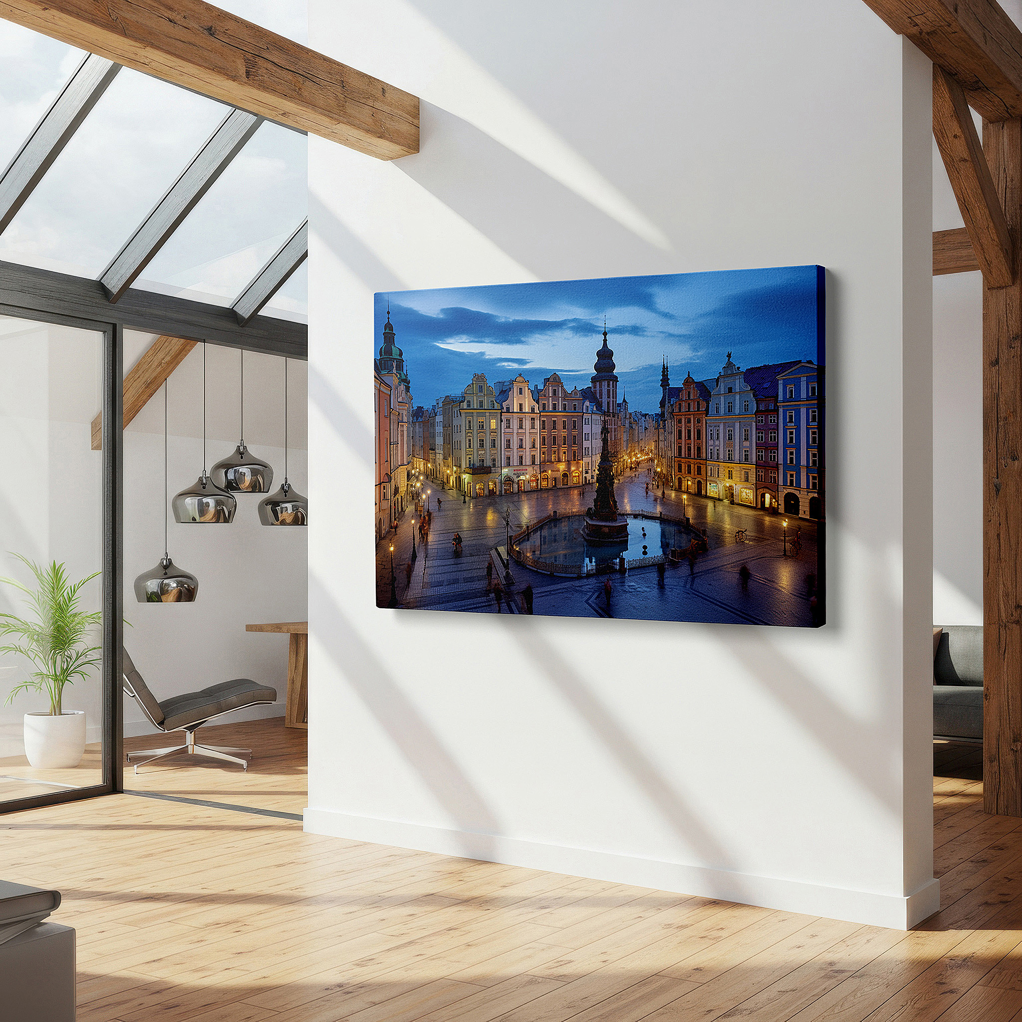 Bold and expansive at 90×60 cm — ideal for making a statement above large furniture — urban oasis at dusk: vibrant city square with sculpted fountain and majestic buildings - large wall art, canvas wall art, wall decor for office
