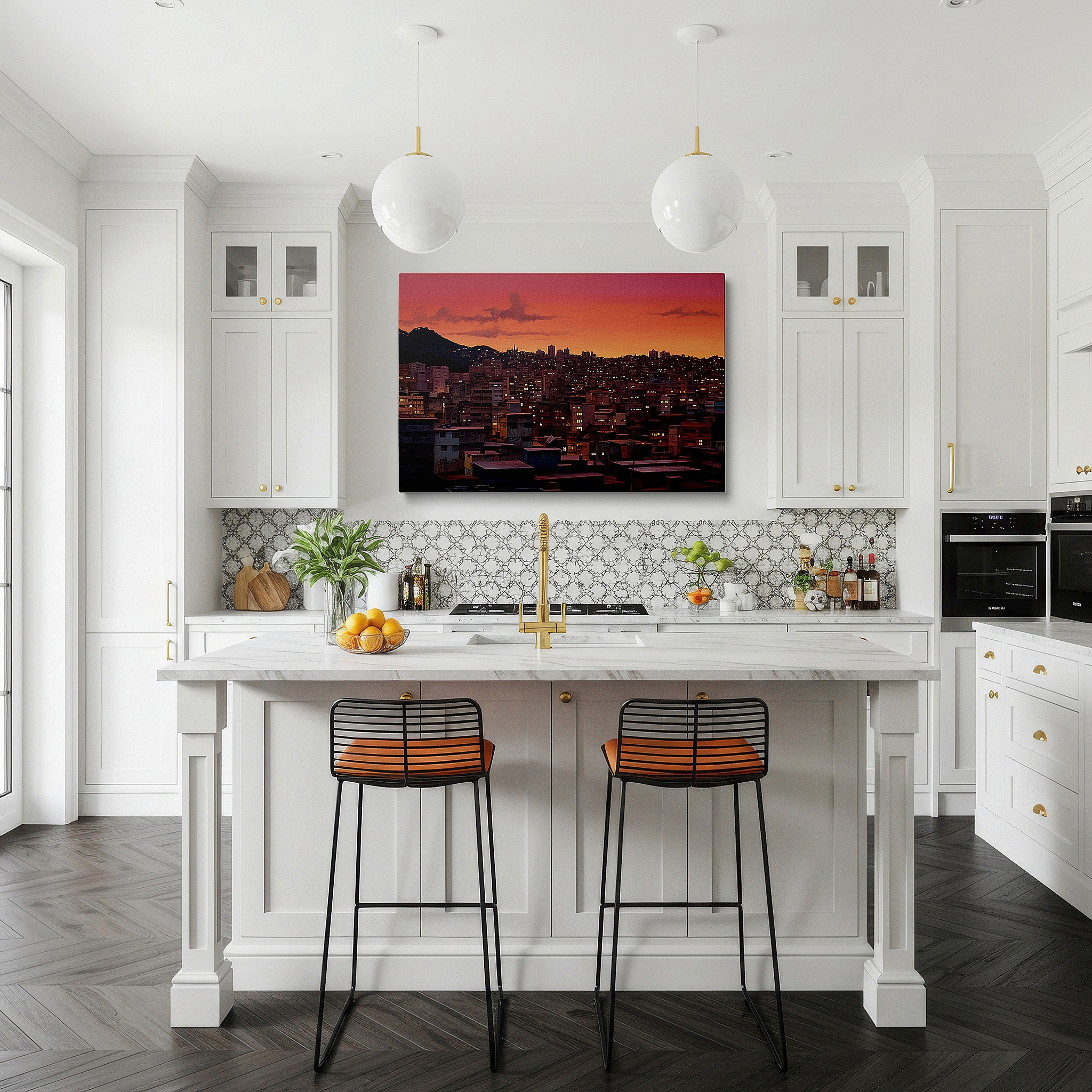 Bold and expansive at 90×60 cm — ideal for making a statement above large furniture — urban twilight: dusk panorama - vibrant skies and lit skyscrapers, large canvas wall art for office decor