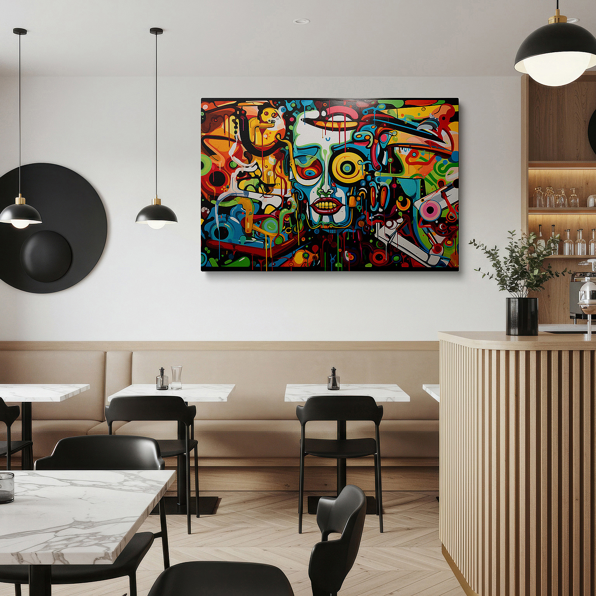 Bold and expansive at 90×60 cm — ideal for making a statement above large furniture — vibrant abstract symphony wall art featuring dynamic swirls and stylized faces - large canvas art for home and office decor