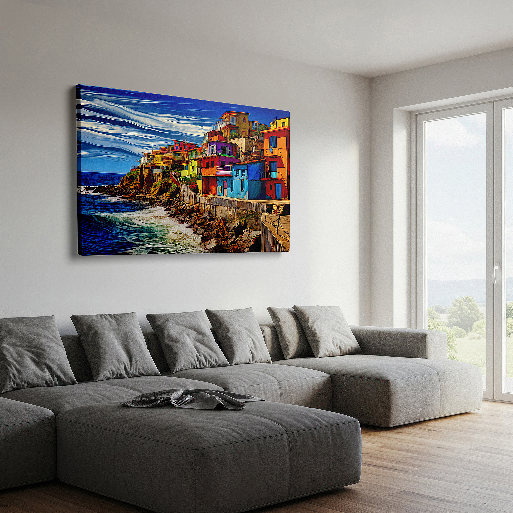 Bold and expansive at 90×60 cm — ideal for making a statement above large furniture — vibrant coastal homes under sunlit skies: a dynamic blend of land and sea - large wall art, canvas wall art, wall decor for office