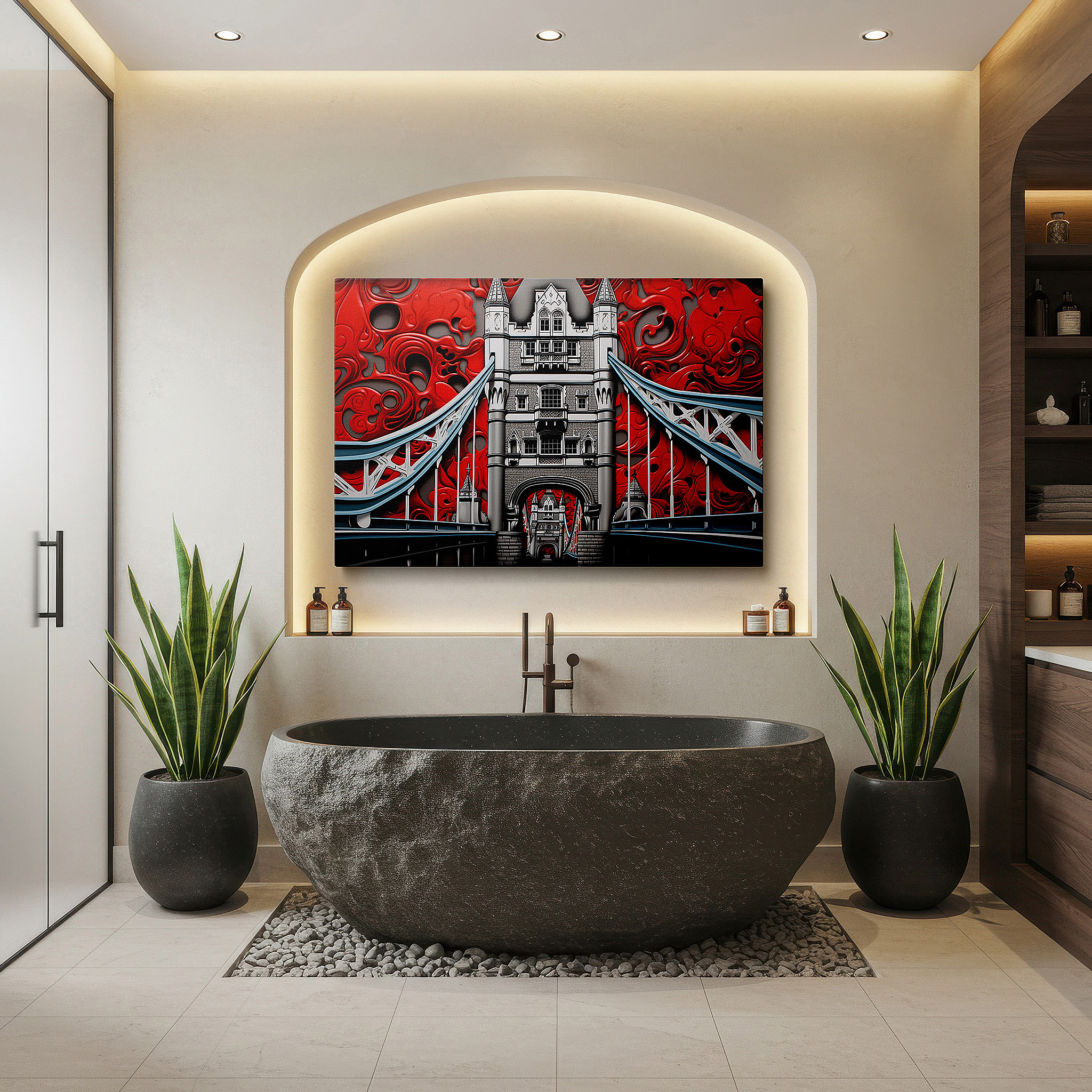 Bold and expansive at 90×60 cm — ideal for making a statement above large furniture — vibrant red and black tower bridge canvas wall art, perfect for office or bedroom decor