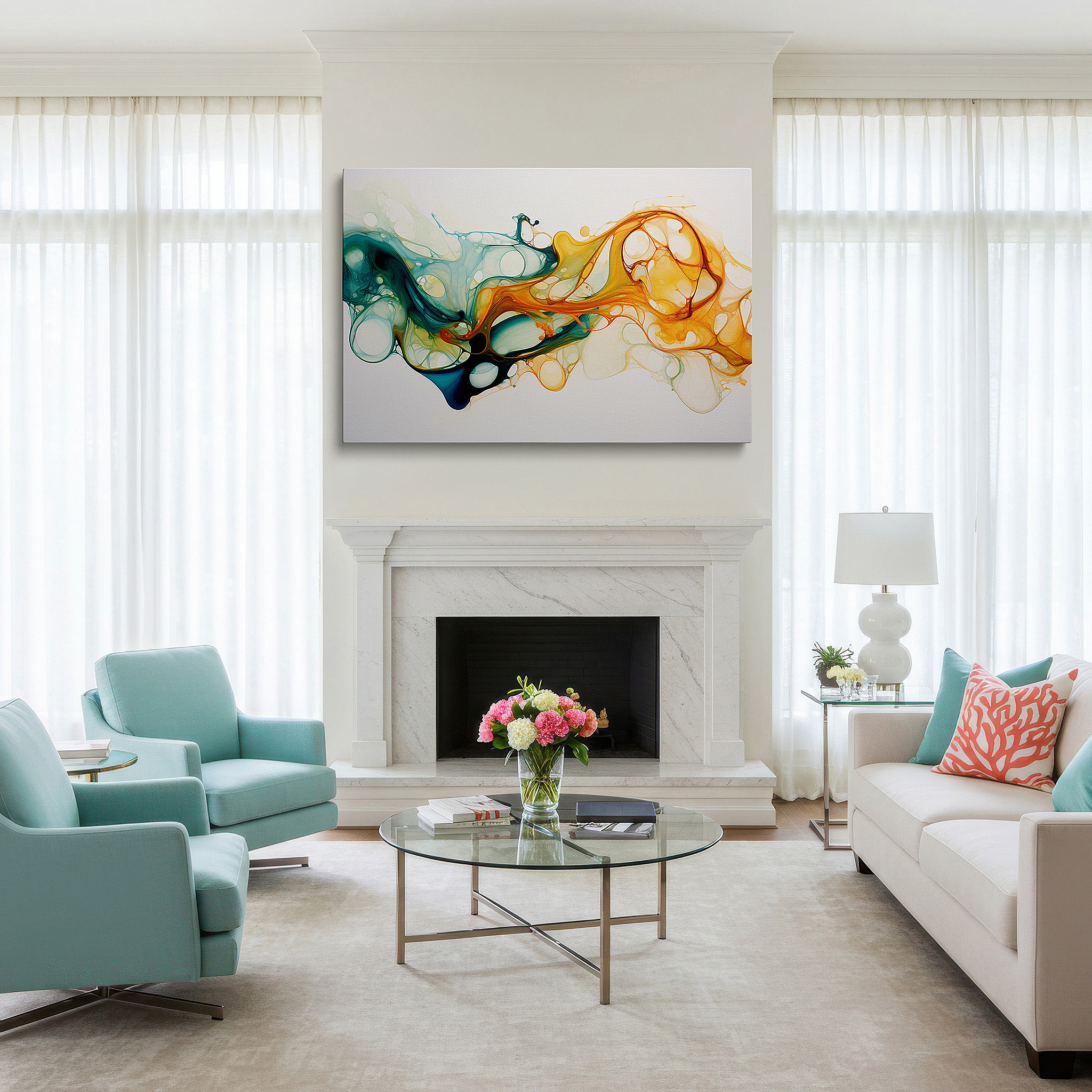 Bold and expansive at 90×60 cm — ideal for making a statement above large furniture — a visual symphony of orange and teal: capturing movement and emotion in abstract splendor - large wall art, canvas wall art, wall decor for office