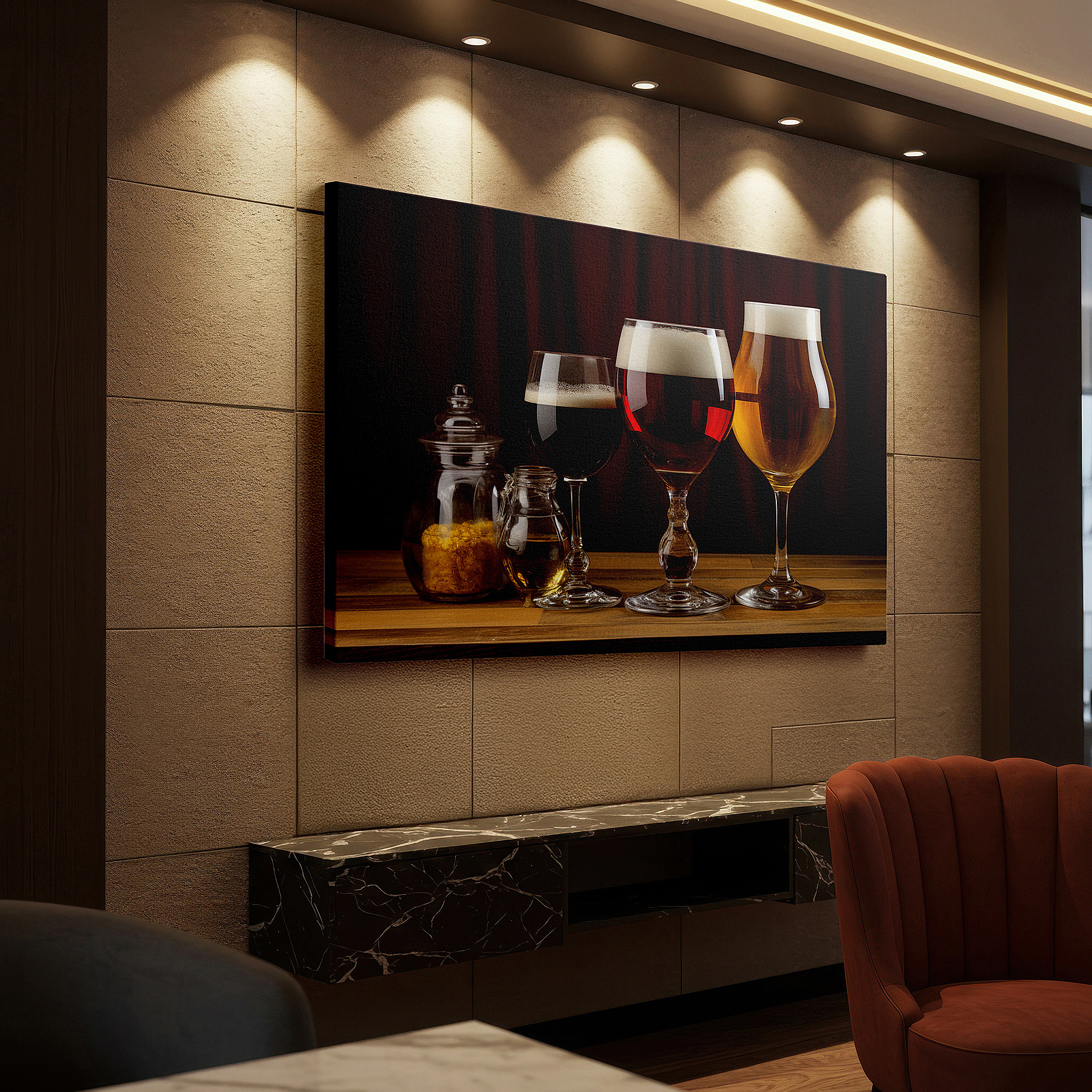 Bold and expansive at 90×60 cm — ideal for making a statement above large furniture — a visual tribute to craft brewing featuring artisan beers, syrups, and sophisticated glassware: large wall art, canvas wall art, wall decor, office wall art