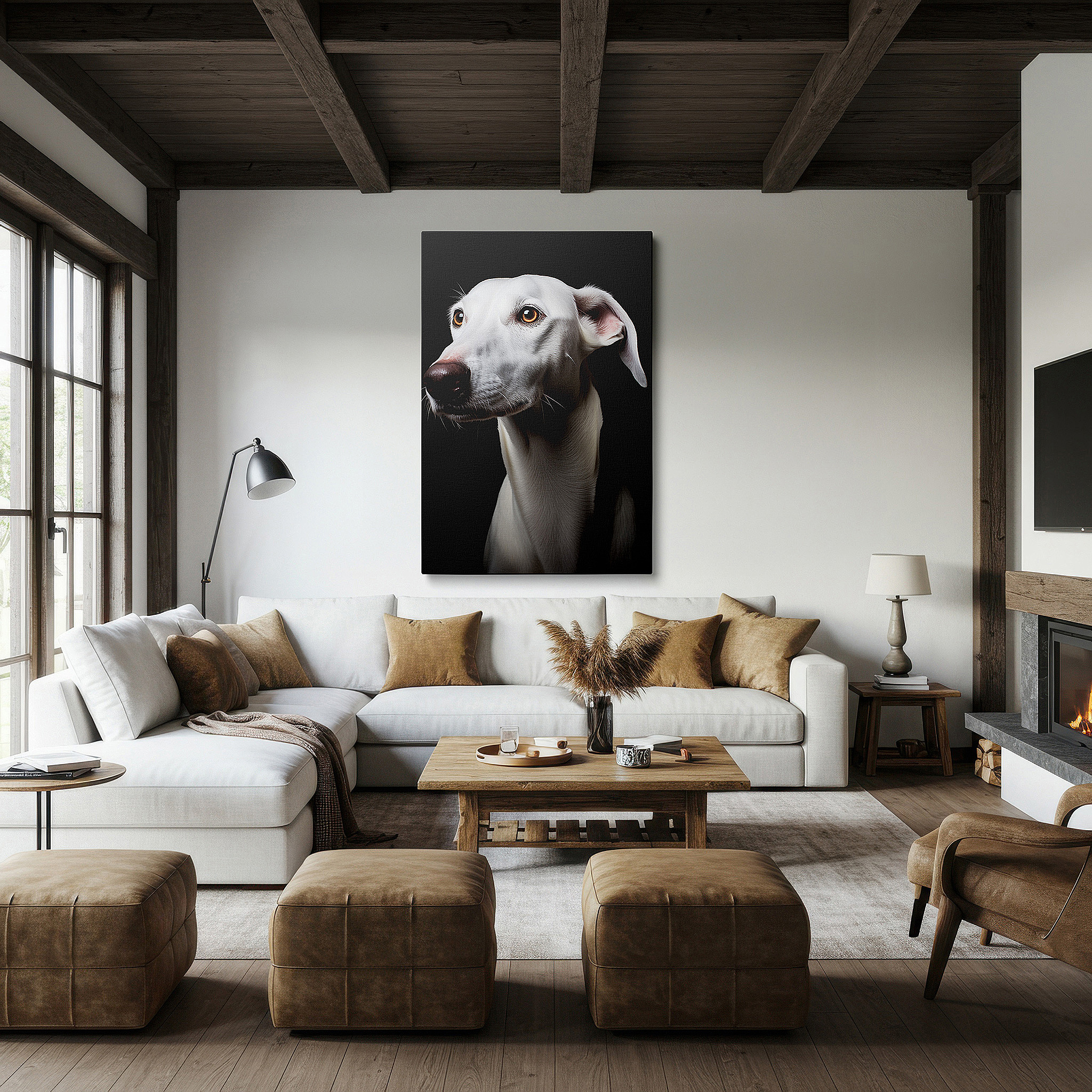 Bold and expansive at 90×60 cm — ideal for making a statement above large furniture — wall art: captivating white dog with a soulful gaze against a dark, serene backdrop - large canvas wall art for office, bedroom, and living room decor