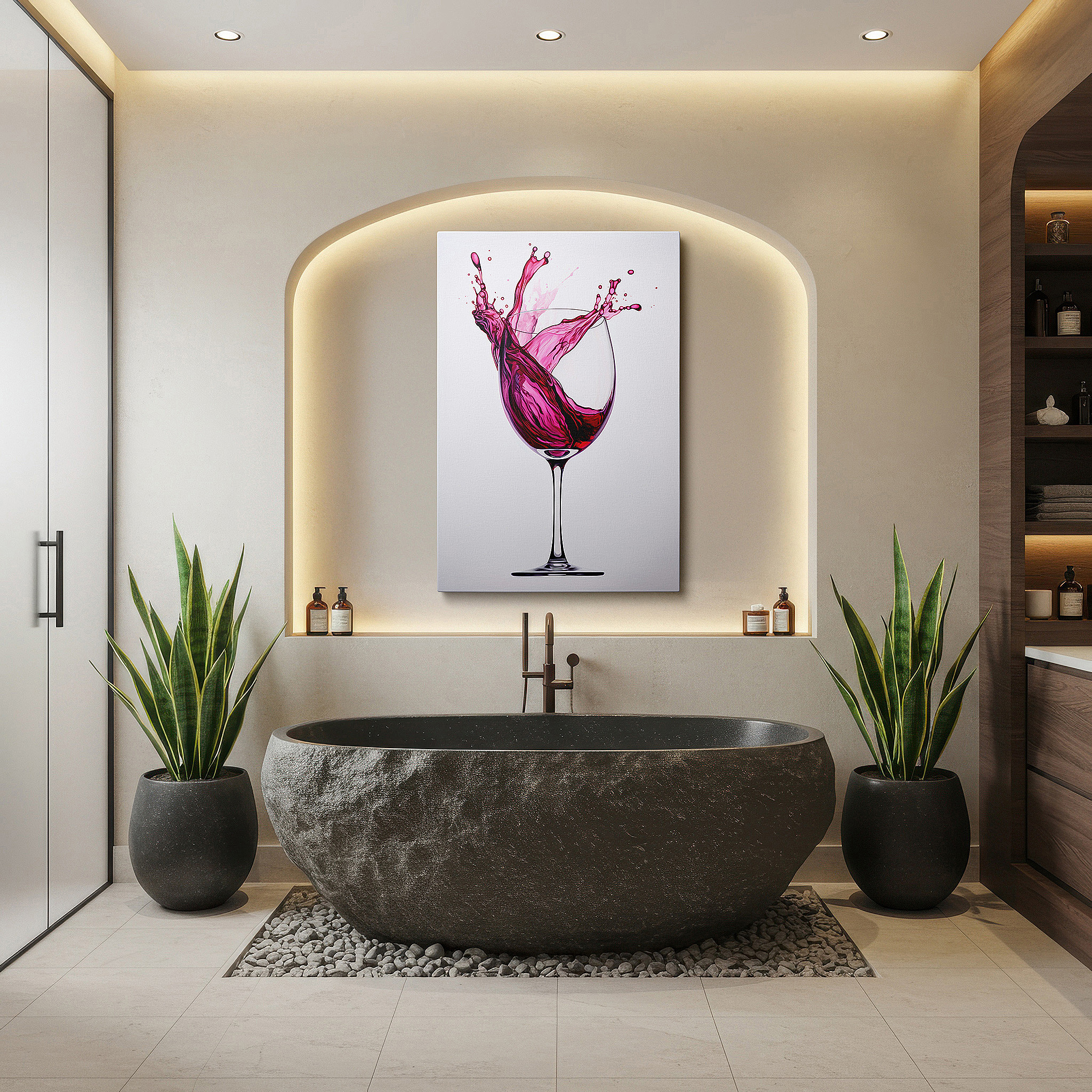 Bold and expansive at 90×60 cm — ideal for making a statement above large furniture — wall art: celebrating the energetic dance of wine with a vivid splash on stark white - large canvas wall art for office and bedroom decor