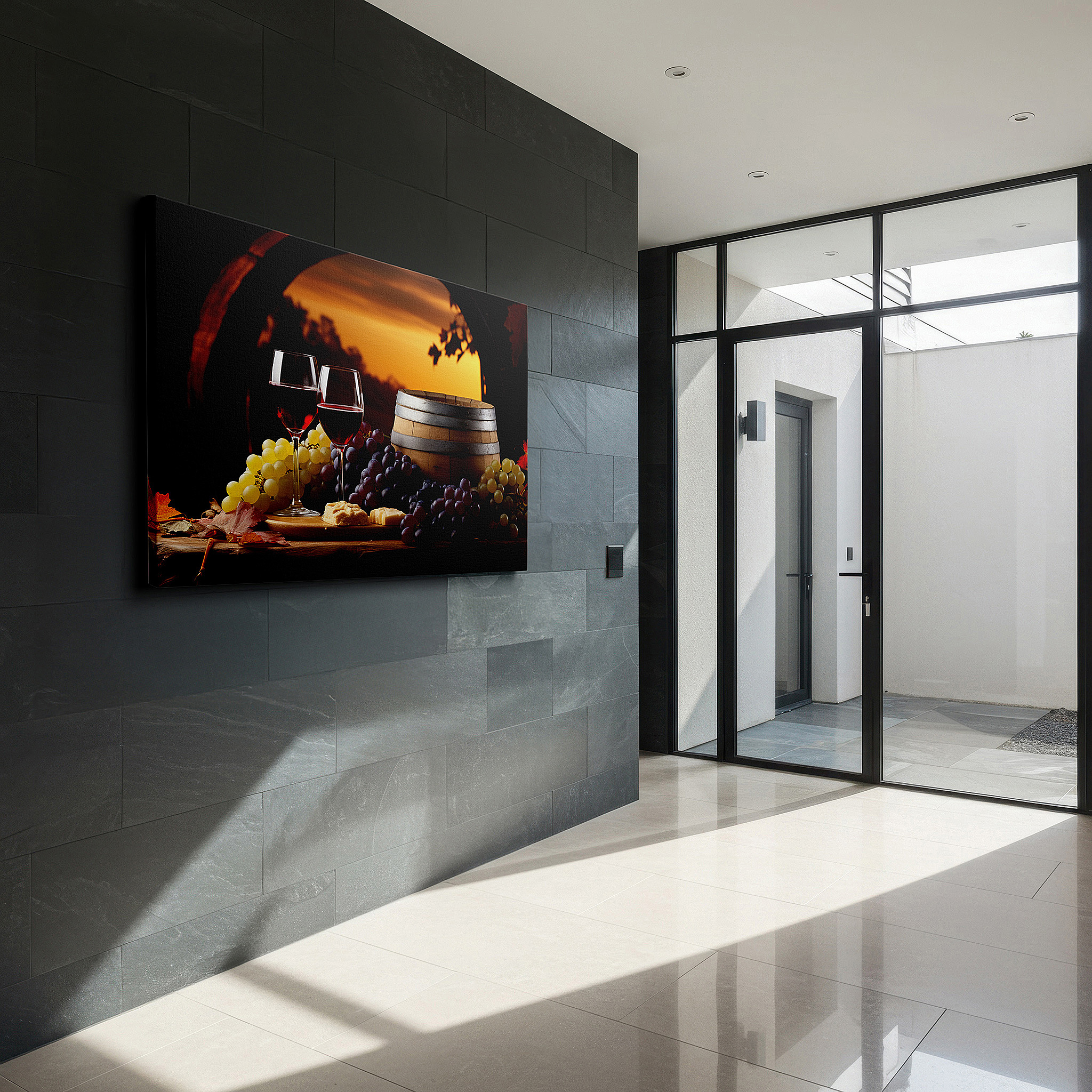 Bold and expansive at 90×60 cm — ideal for making a statement above large furniture — wall art: explore culinary excellence and artisan craftsmanship featuring wine, cheese, and grapes - large canvas prints for home and office decor