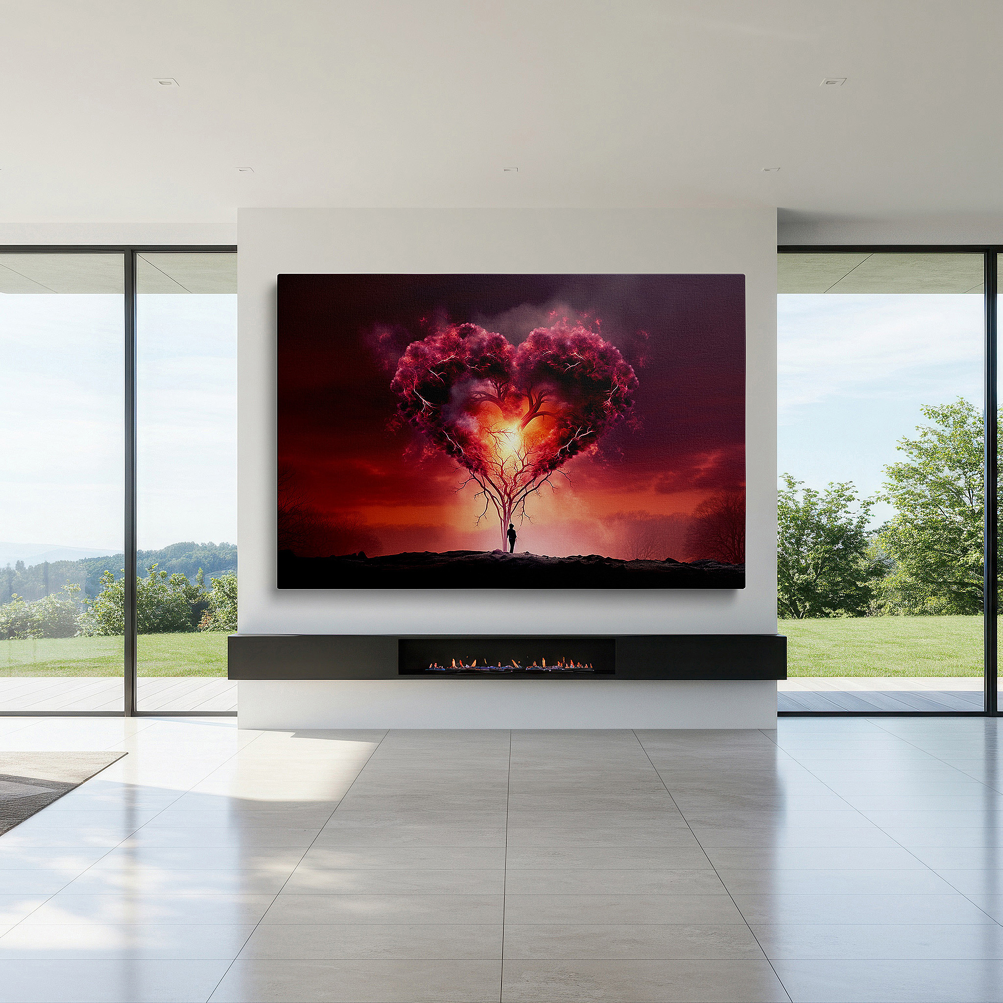 Bold and expansive at 90×60 cm — ideal for making a statement above large furniture — wall art: heart-shaped tree with fiery background - symbolizing the intensity of love and the serenity of nature. large canvas wall art for home and office decor.