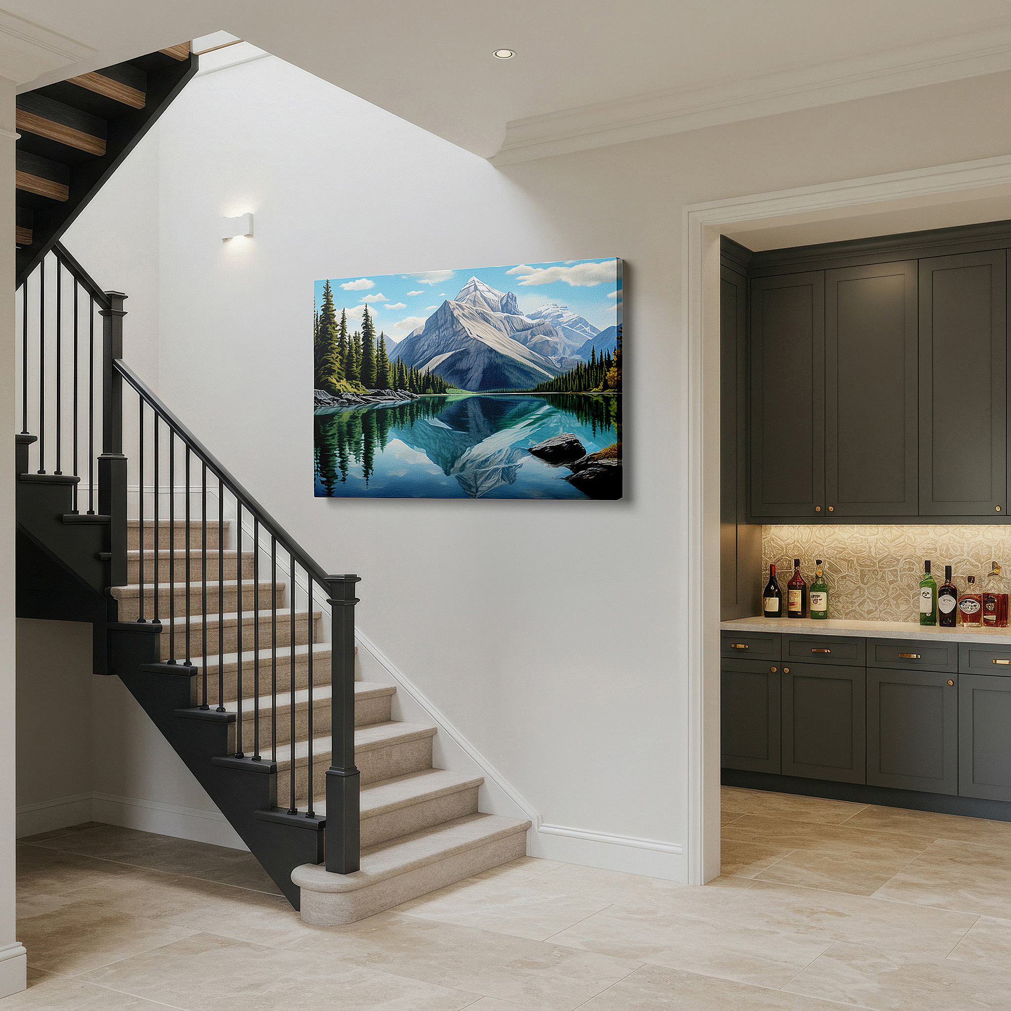 Bold and expansive at 90×60 cm — ideal for making a statement above large furniture — wall art: majestic mountains and reflective lake surrounded by lush coniferous trees - large canvas wall art for office and bedroom decor