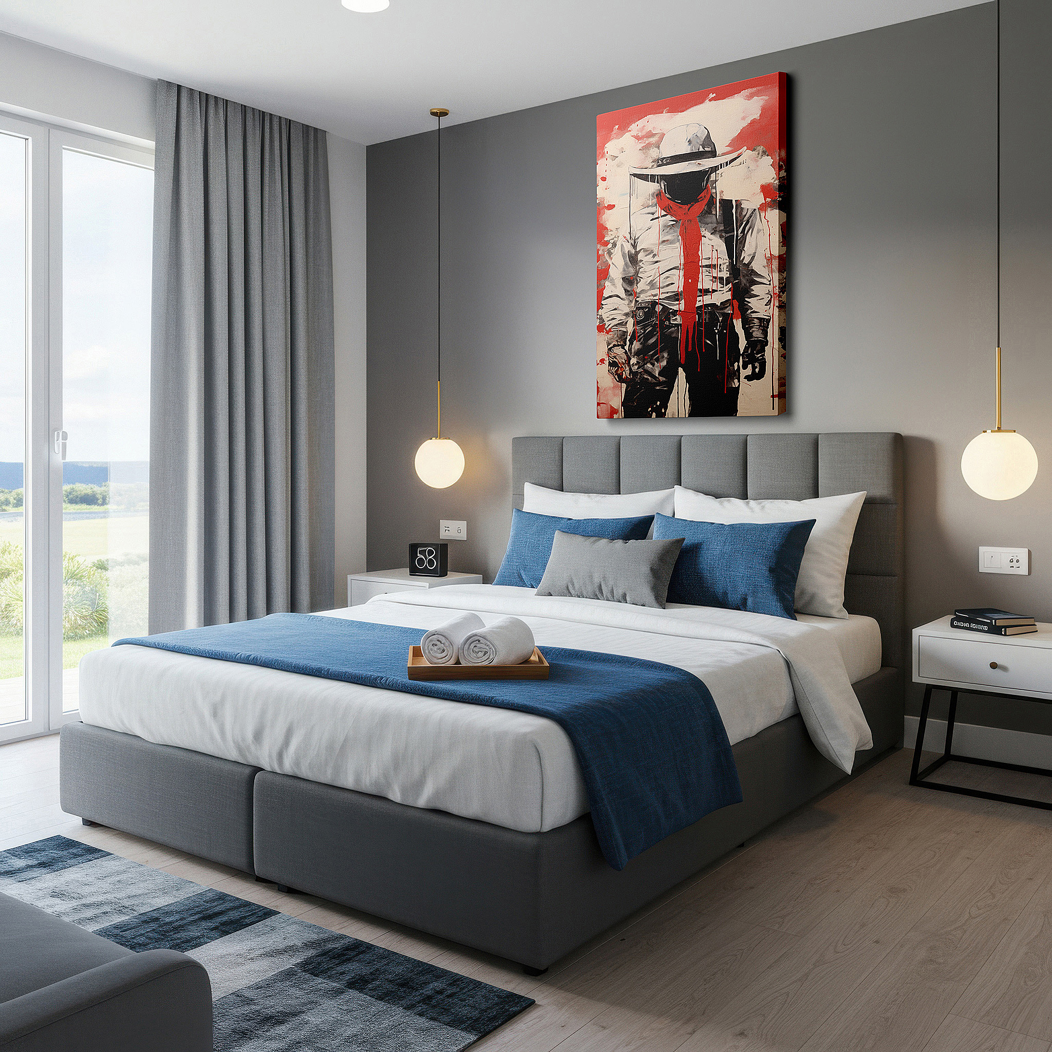Bold and expansive at 90×60 cm — ideal for making a statement above large furniture — wall art: modern cowboy silhouette in red and black - embrace the wild west mystique with this large canvas wall art for home or office decor.