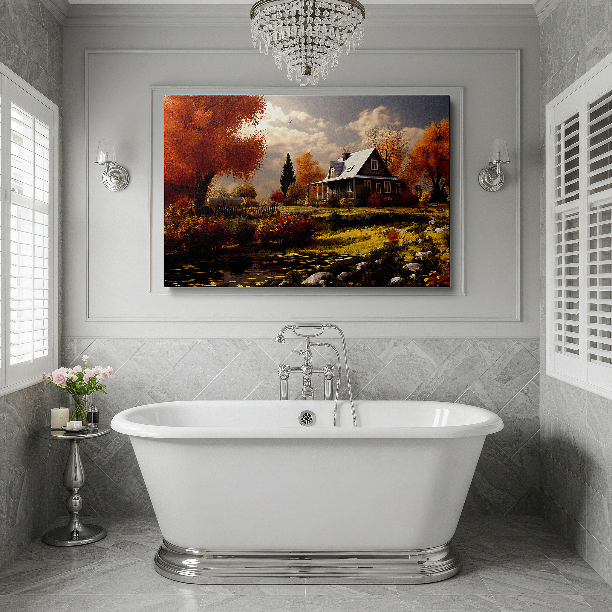 Close-up shows rich pigment, color blending, and brushwork texture — autumn embrace in a peaceful countryside scene with a cozy house large wall art, canvas wall decor, office and bedroom wall art
