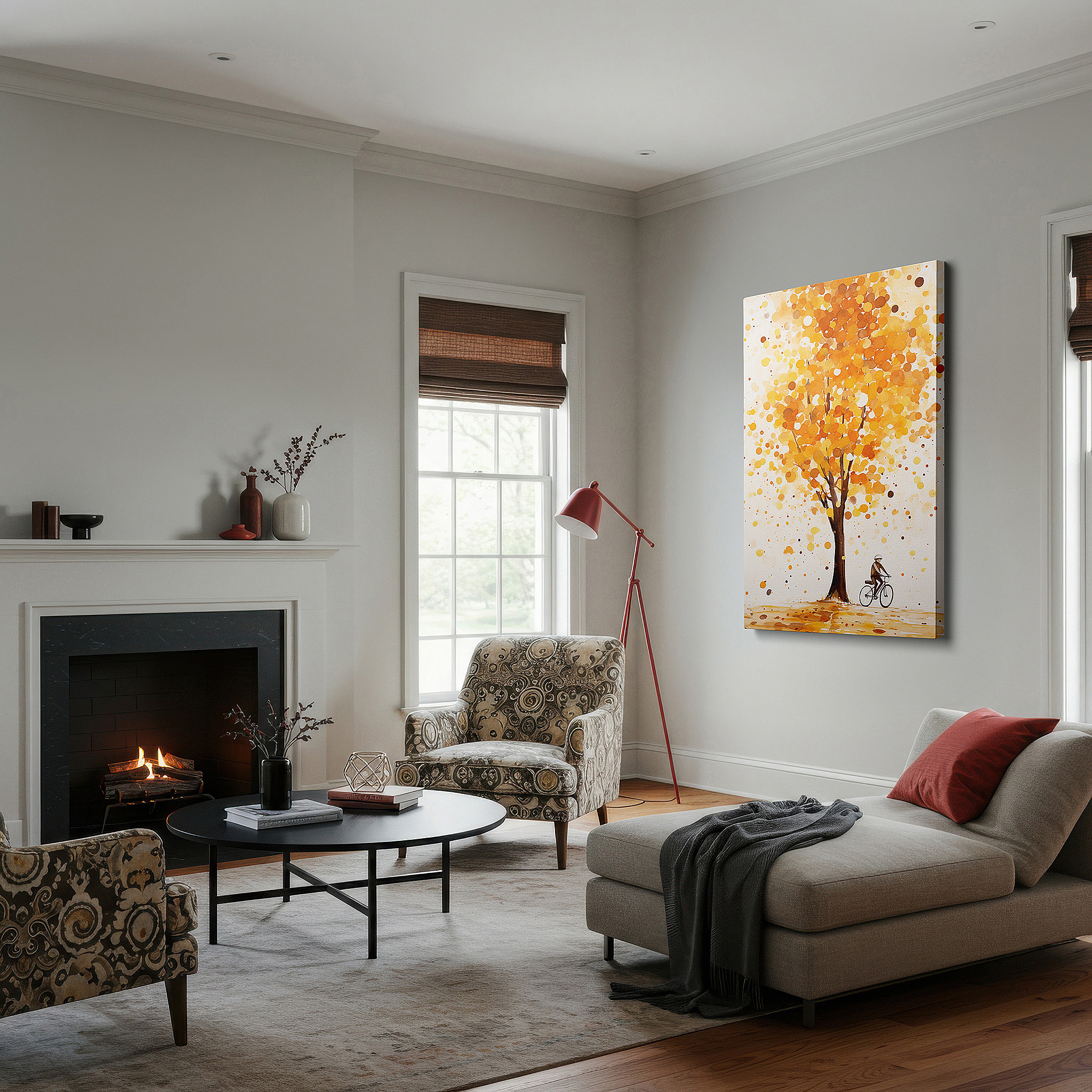 Close-up shows rich pigment, color blending, and brushwork texture — autumn whimsy: solitary cyclist under a grand tree - large canvas wall art for office and bedroom decor