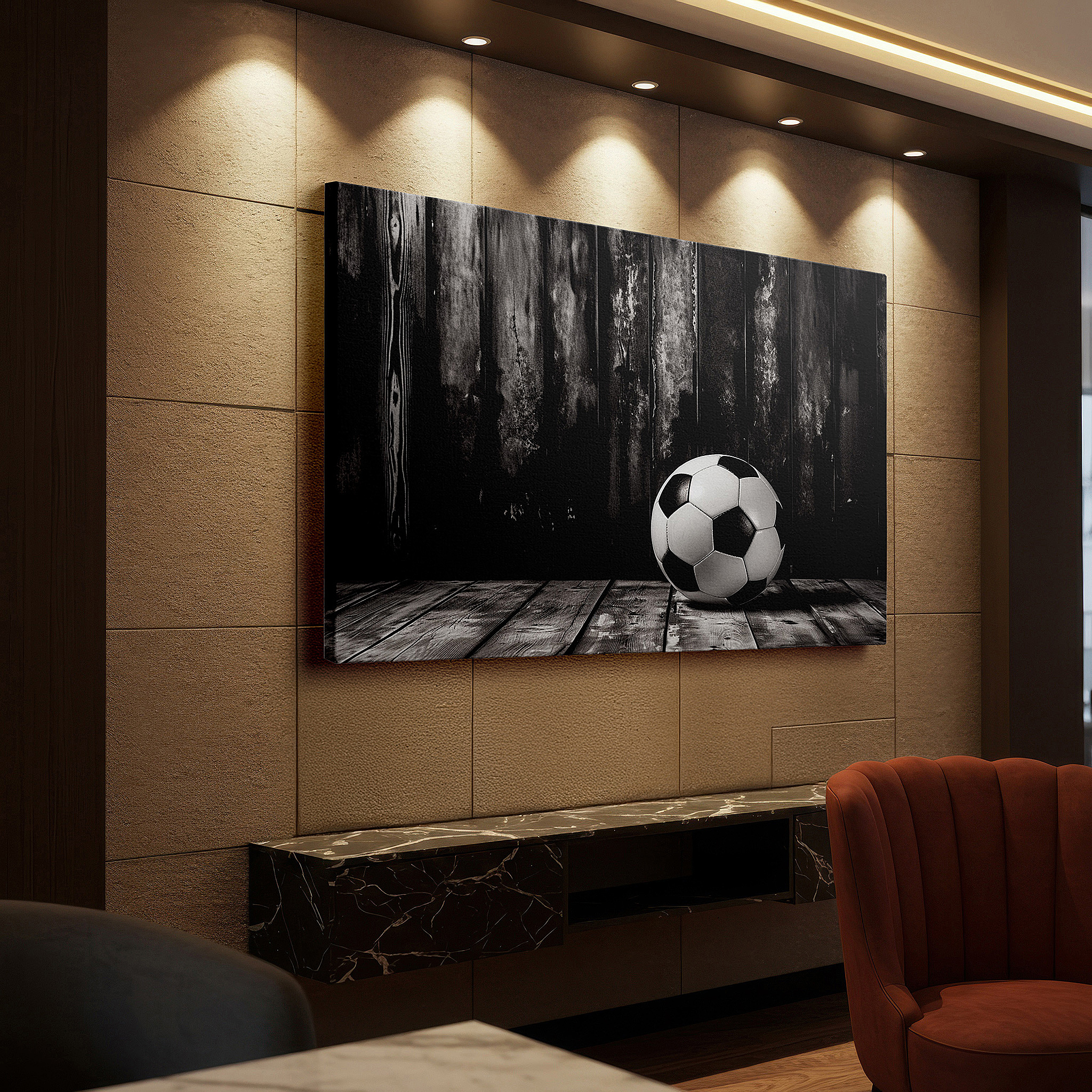 Close-up shows rich pigment, color blending, and brushwork texture — black and white soccer ball on rustic wooden floor - timeless tribute to the beautiful game, large canvas wall art for office decor