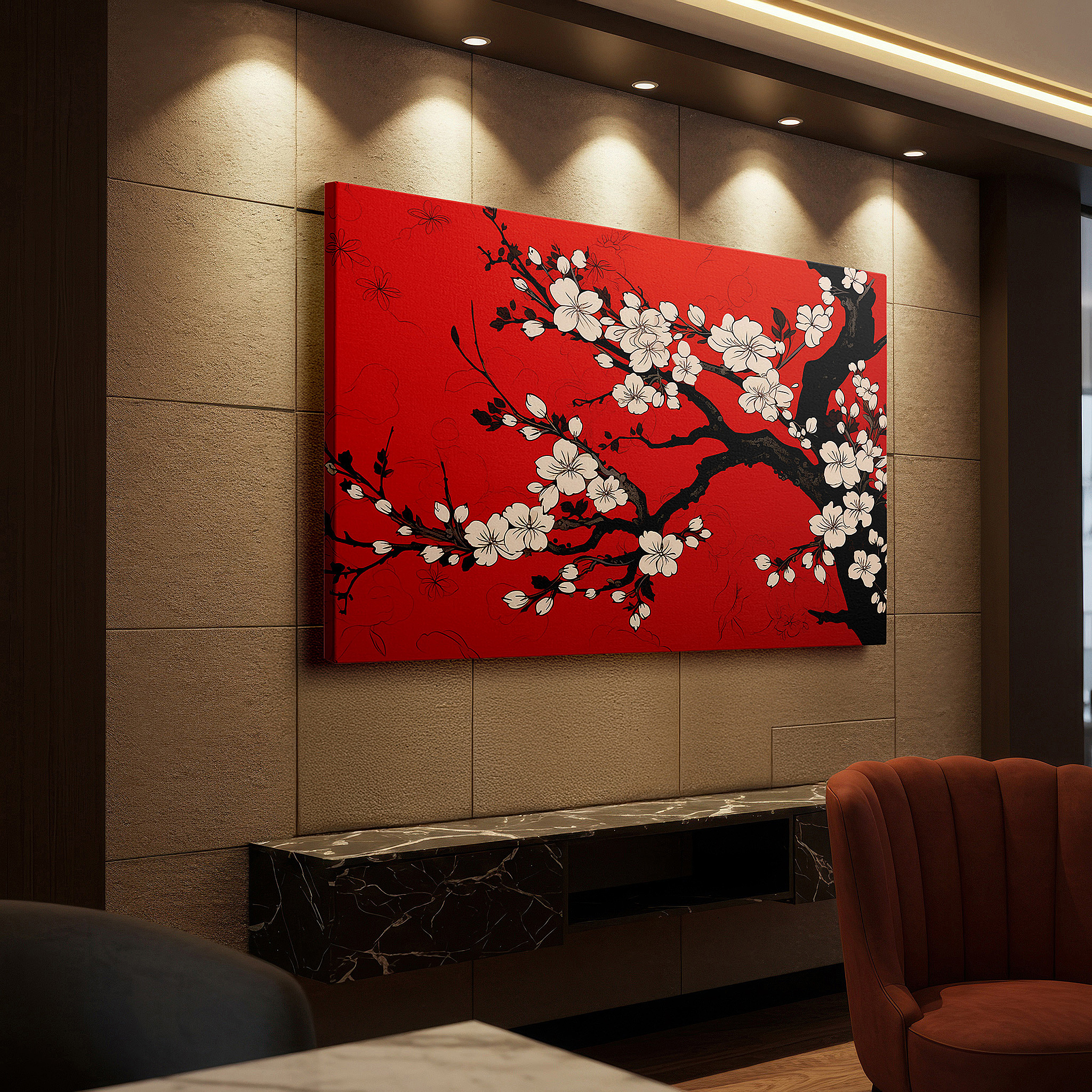 Close-up shows rich pigment, color blending, and brushwork texture — cherry blossoms of renewal on vibrant red background large canvas wall art for office and bedroom decor