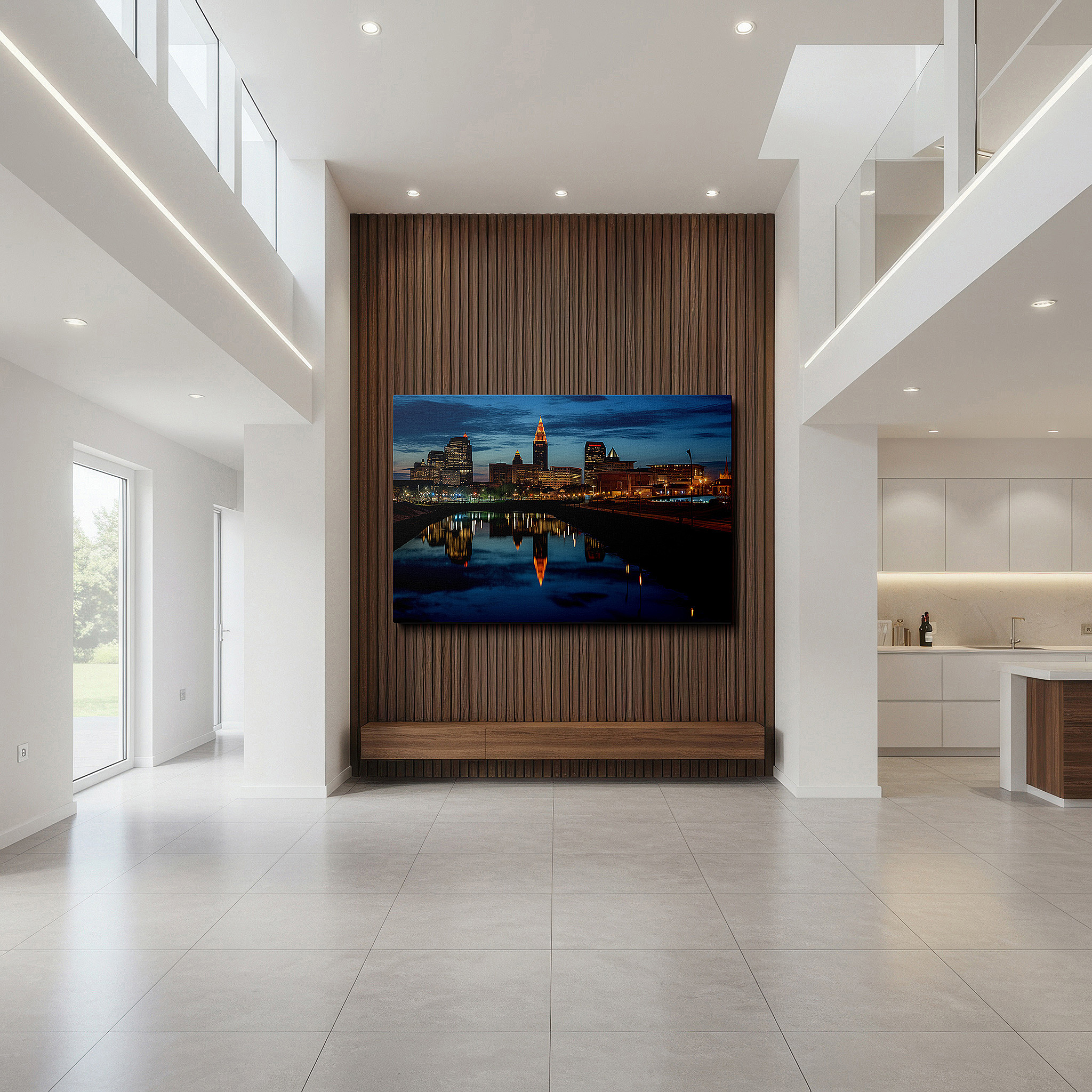 Close-up shows rich pigment, color blending, and brushwork texture — cleveland skyline at twilight: large wall art featuring city lights and tranquil waters - canvas wall art for office and home decor
