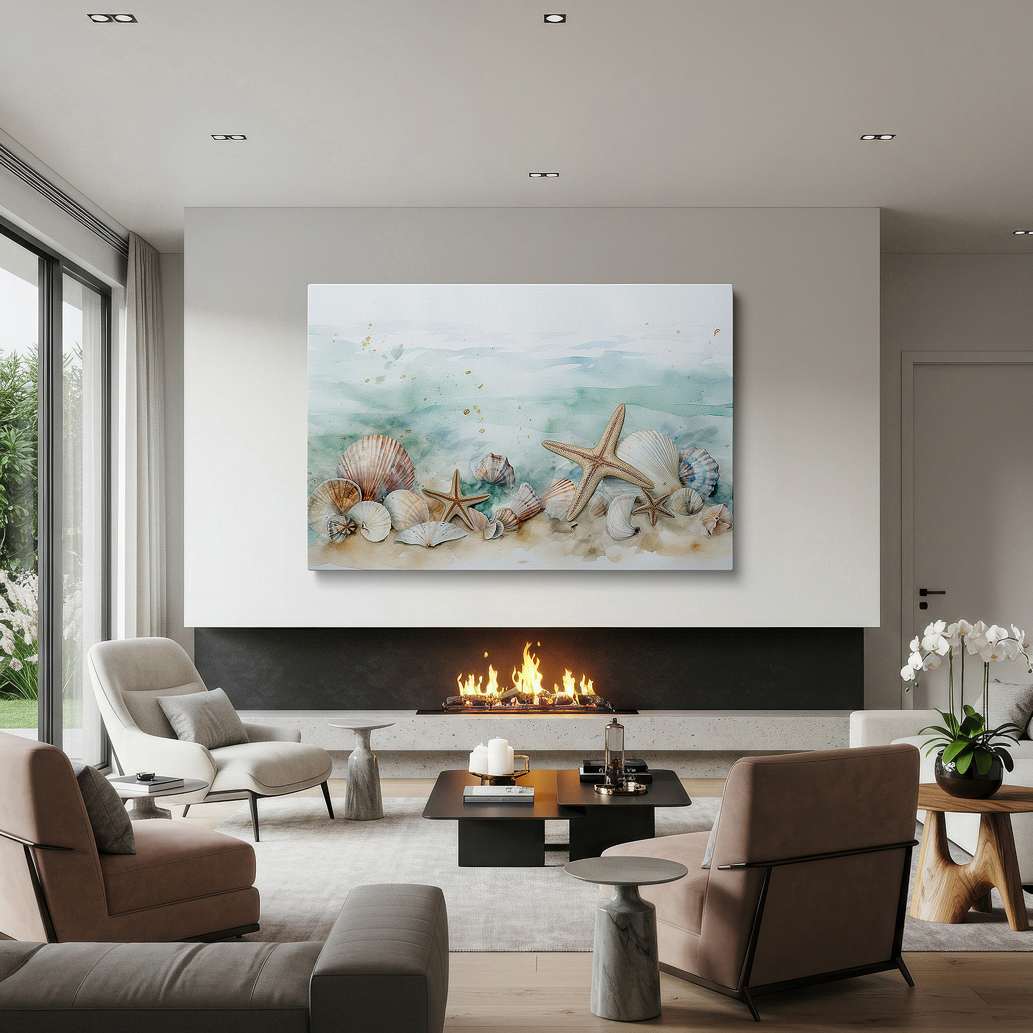 Close-up shows rich pigment, color blending, and brushwork texture — coastal charm wall art: featuring meticulously crafted shells and starfish on a sandy background - ideal for living room, bedroom, or office decor