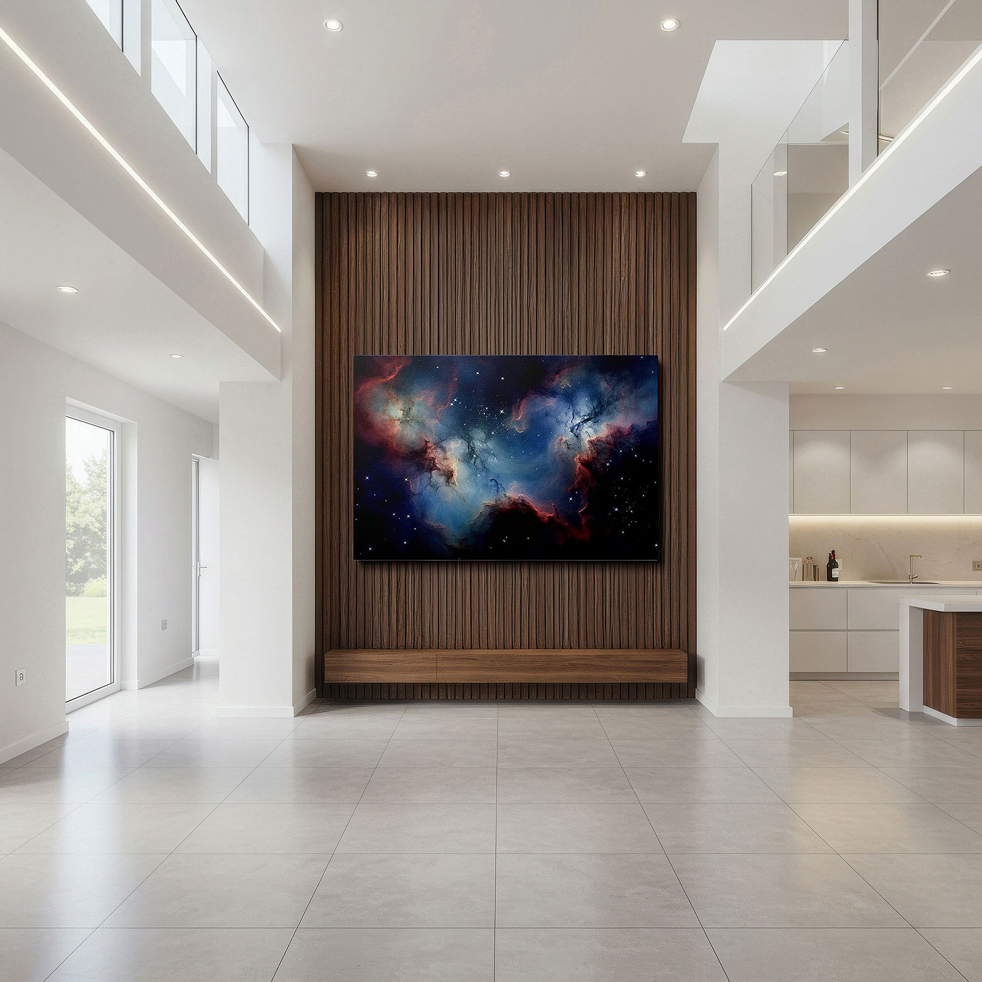 Close-up shows rich pigment, color blending, and brushwork texture — cosmic cloudscape wall art: explore the universe's