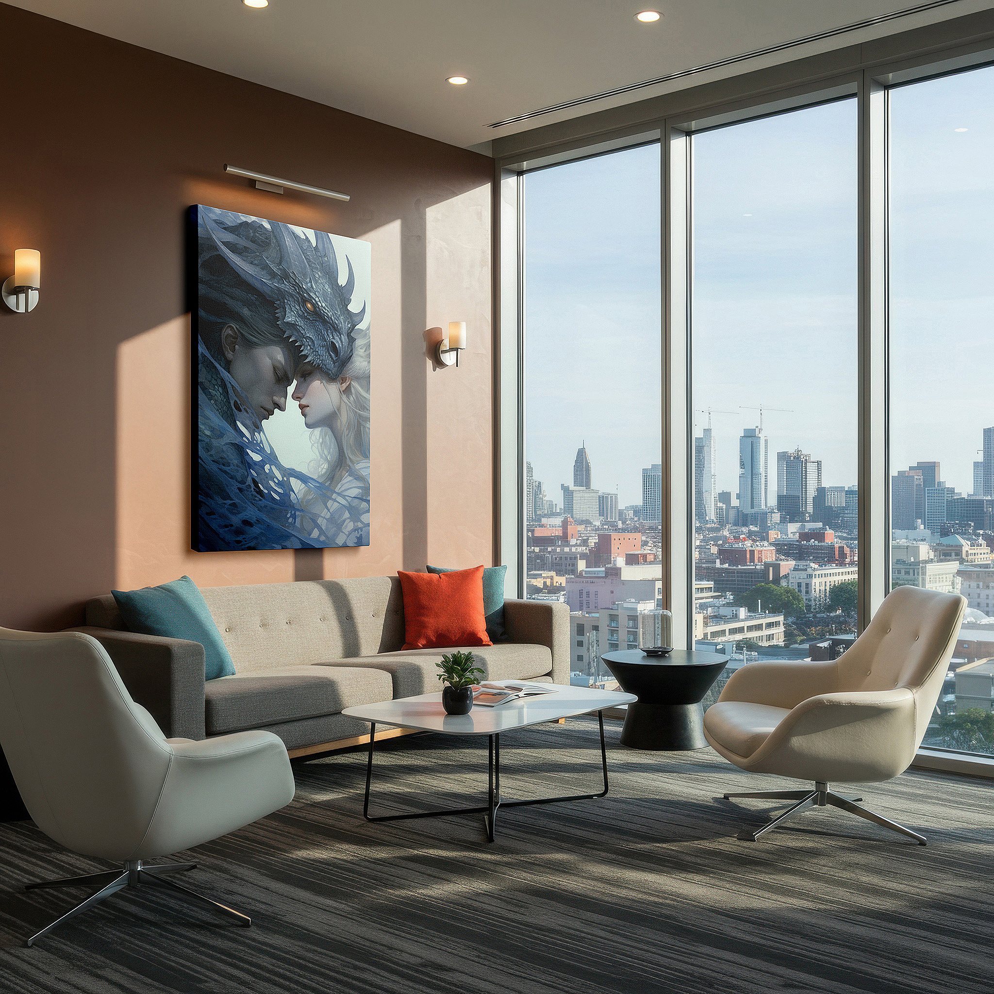 Close-up shows rich pigment, color blending, and brushwork texture — dragon encounter canvas print: a mystical blend of power and serenity for home and office decor