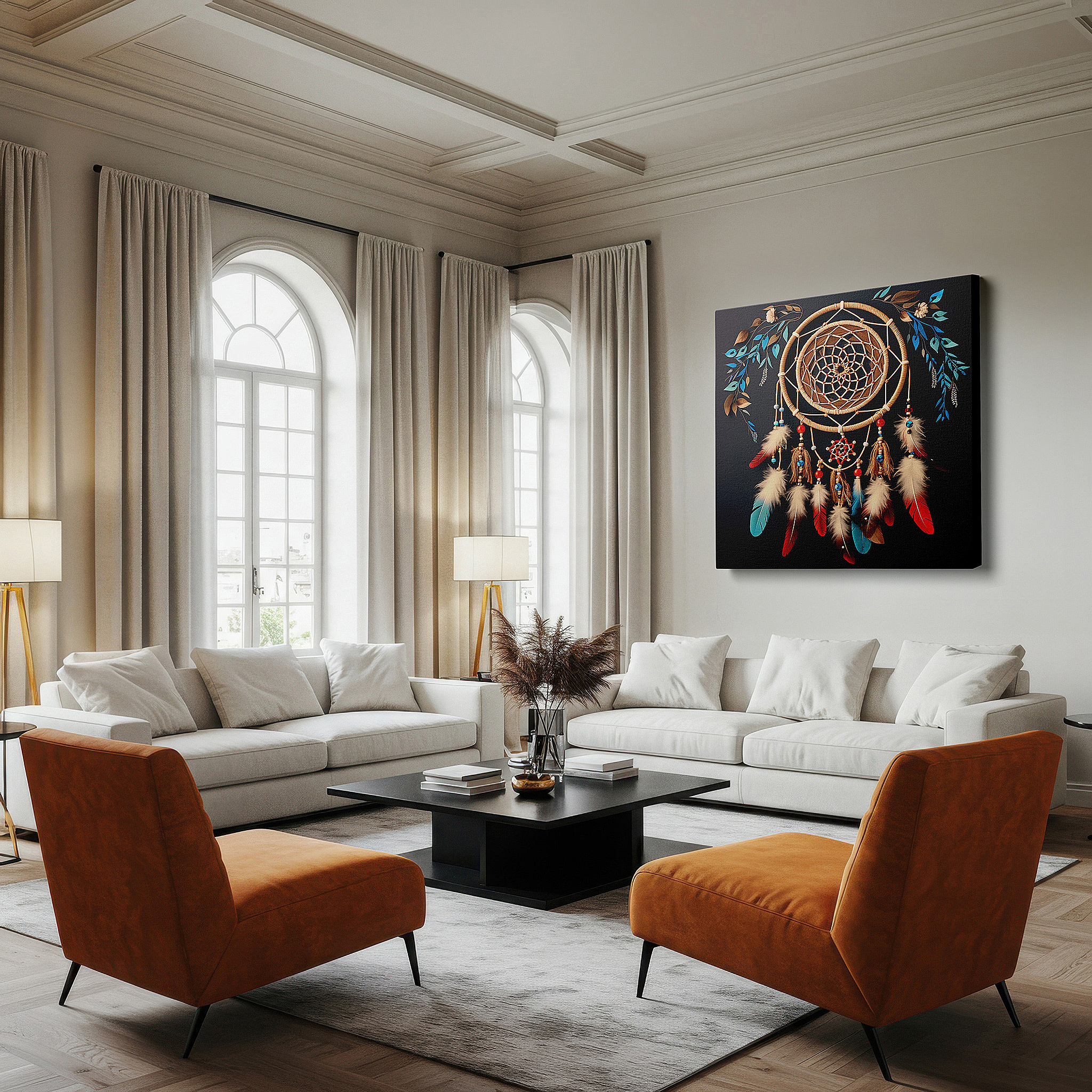 Close-up shows rich pigment, color blending, and brushwork texture — dreamcatcher wall art for bedroom: a masterpiece of protection and vibrant tradition. large canvas wall decor for office and bedroom.