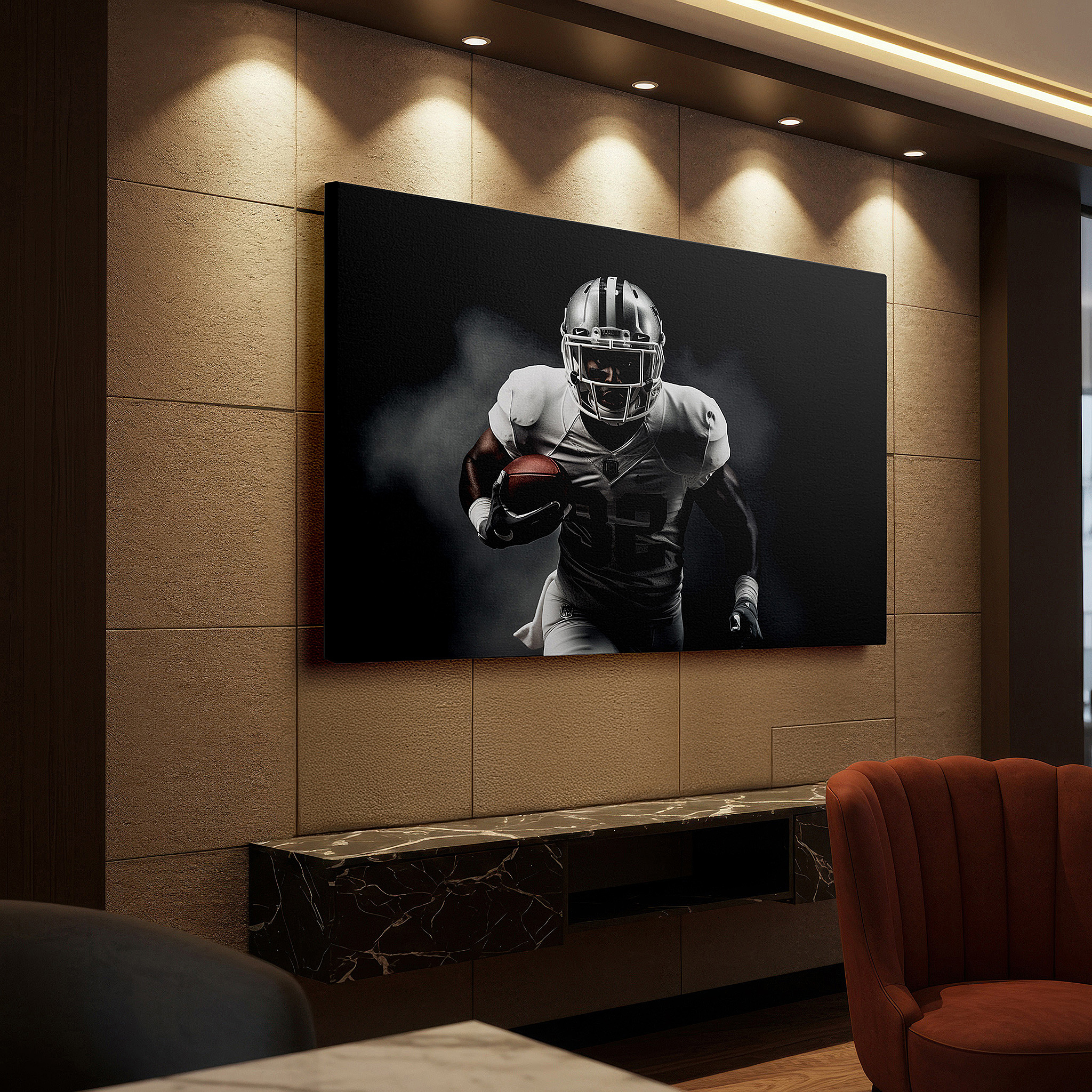 Close-up shows rich pigment, color blending, and brushwork texture — dynamic football player action scene, showcasing power and concentration - large canvas wall art for office decor