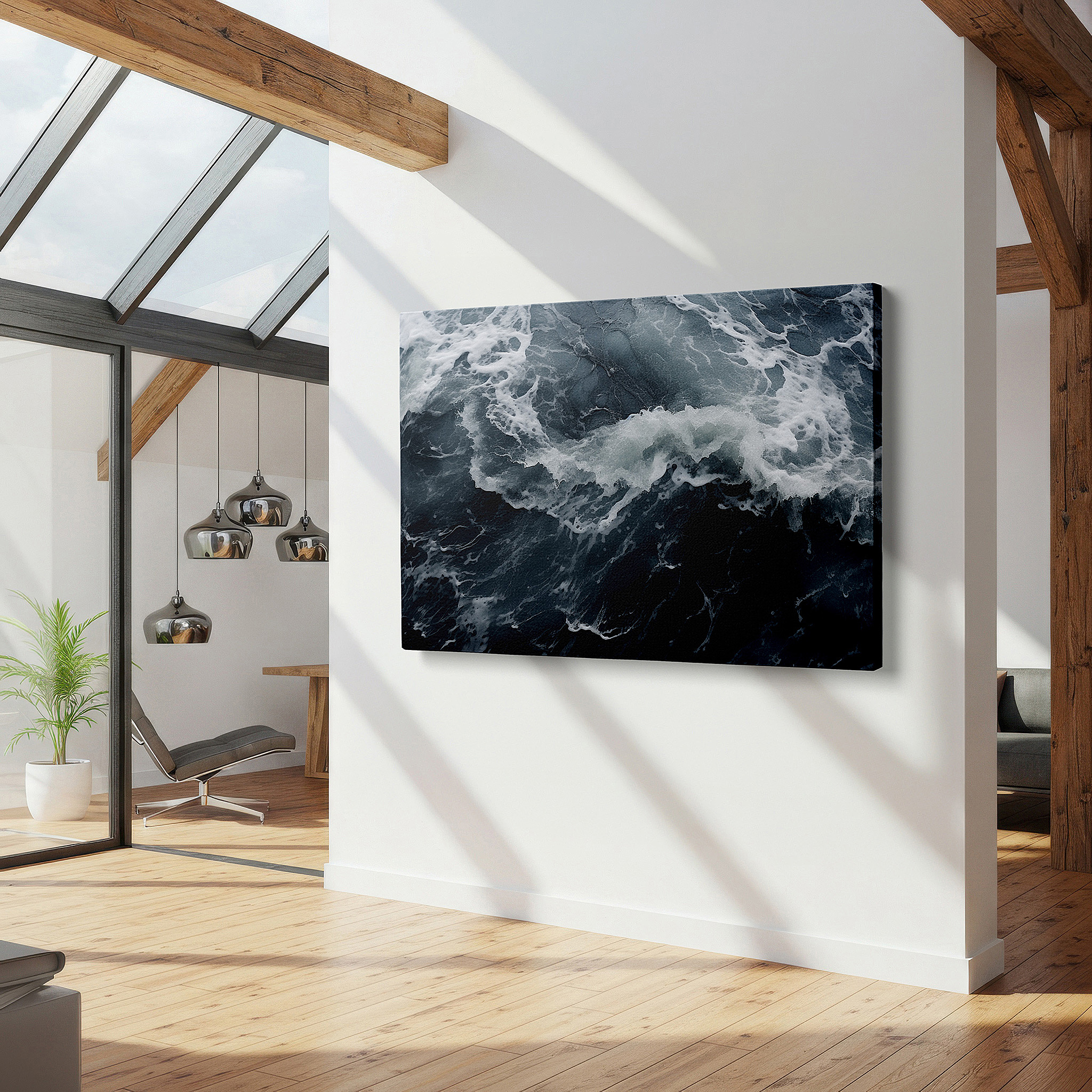 Close-up shows rich pigment, color blending, and brushwork texture — dynamic ocean majesty: tranquil yet powerful waves colliding - large canvas wall art for office decor