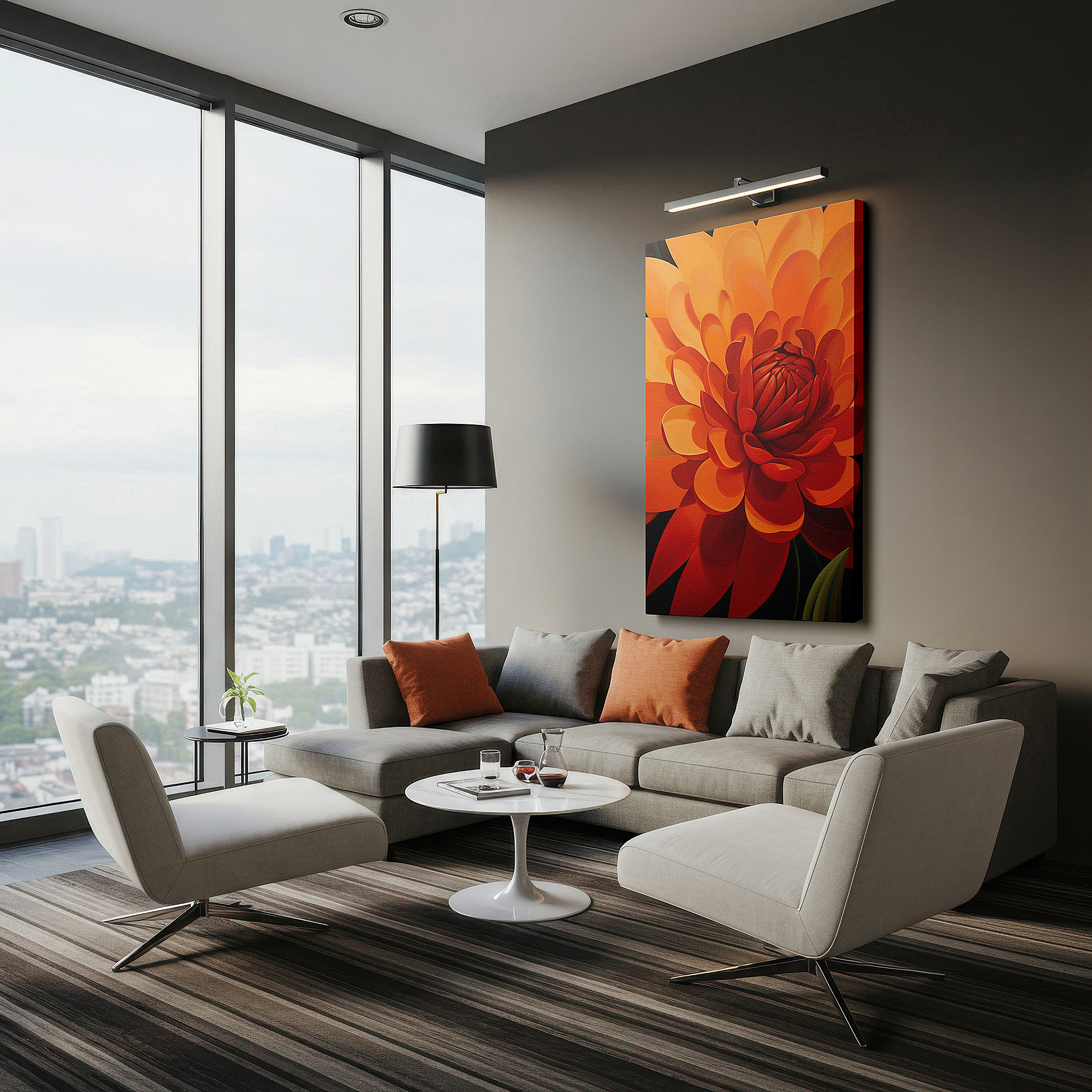 Close-up shows rich pigment, color blending, and brushwork texture — exquisite orange flower artwork celebrating nature's beauty and detail - large canvas wall decor for offices