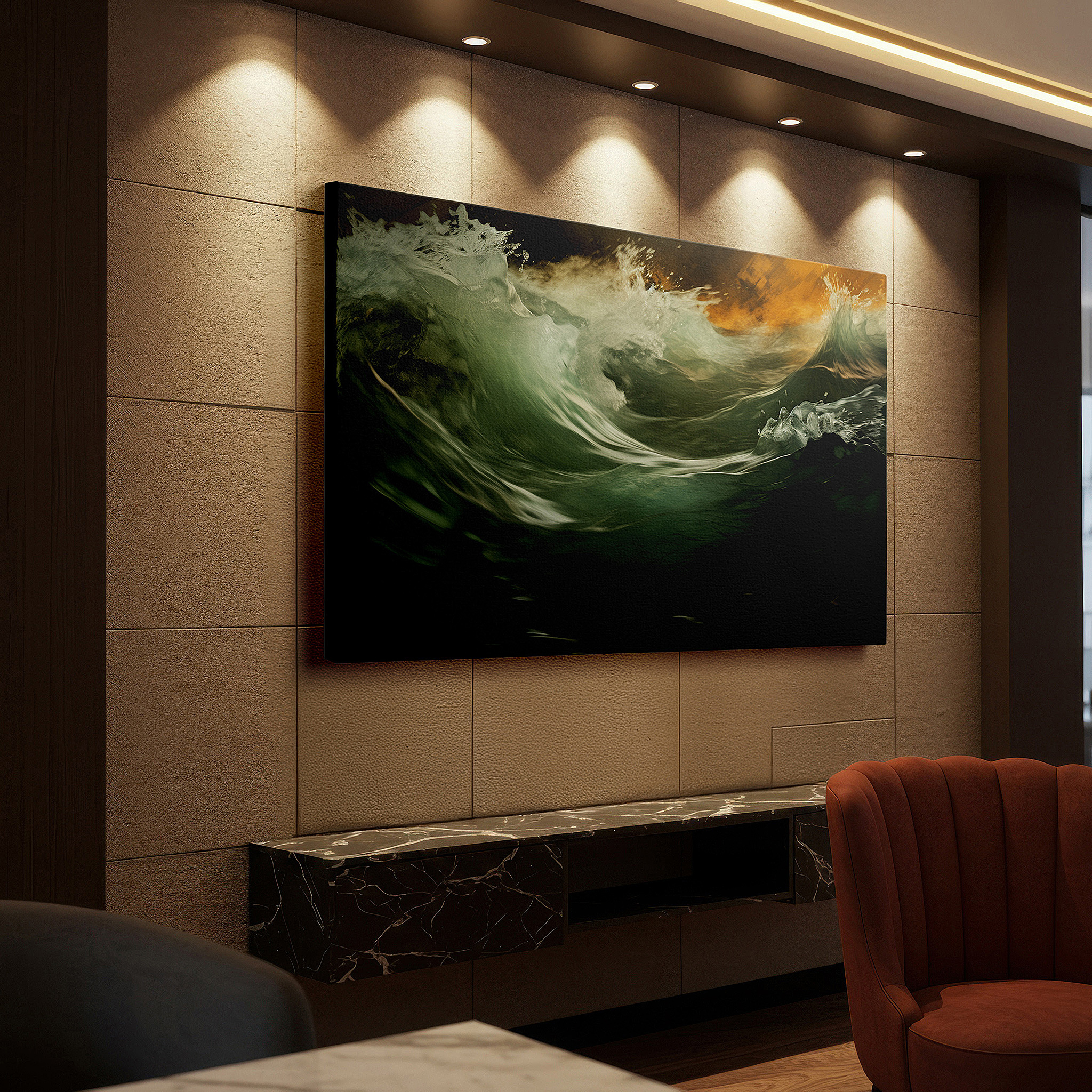 Close-up shows rich pigment, color blending, and brushwork texture — feel the ocean's rage with waves smashing into the jagged coastline - large wall art, canvas wall art, wall decor, office wall art