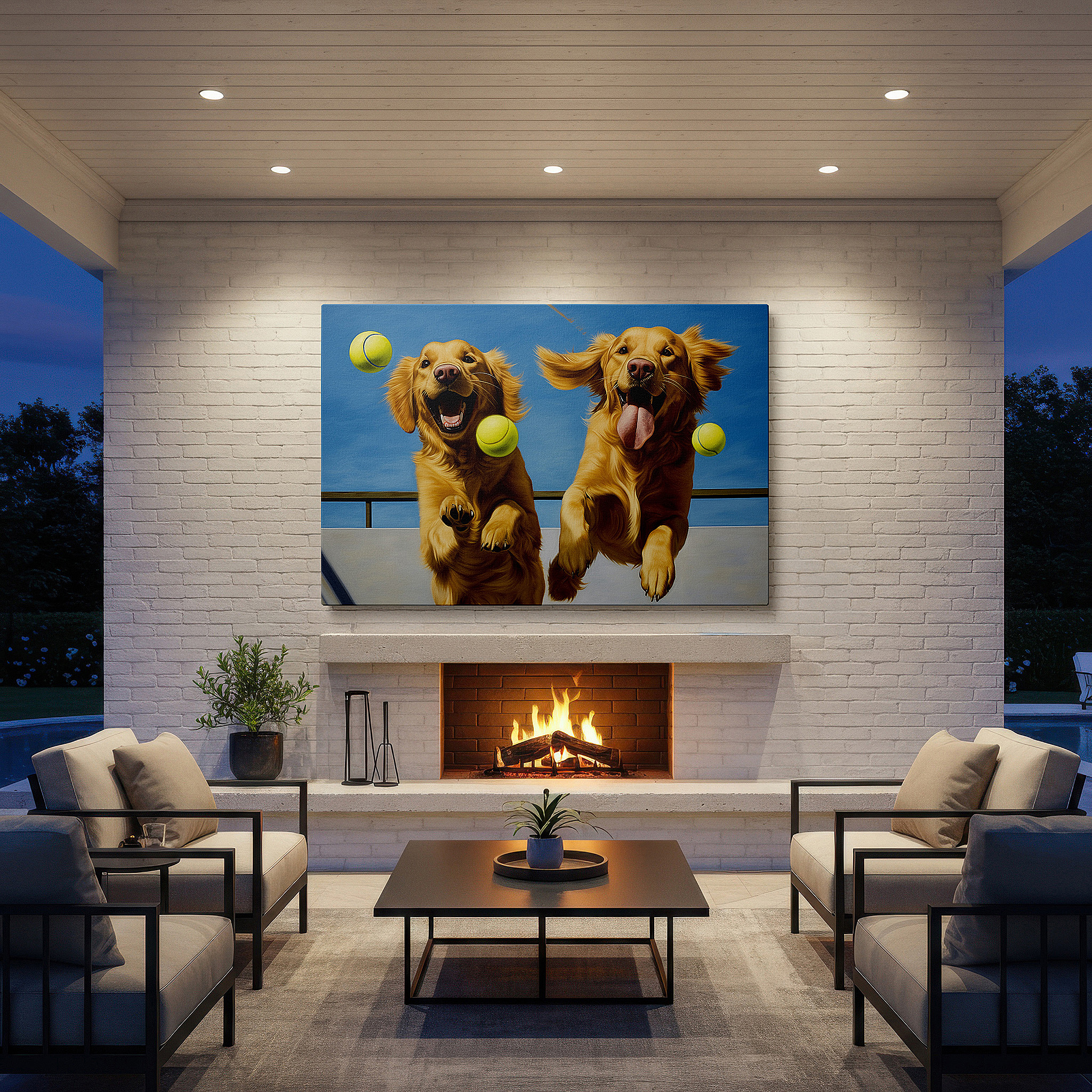 Close-up shows rich pigment, color blending, and brushwork texture — golden retrievers joyfully chasing tennis balls in a sunlit field - large canvas wall art for office, bedroom, and living room decor