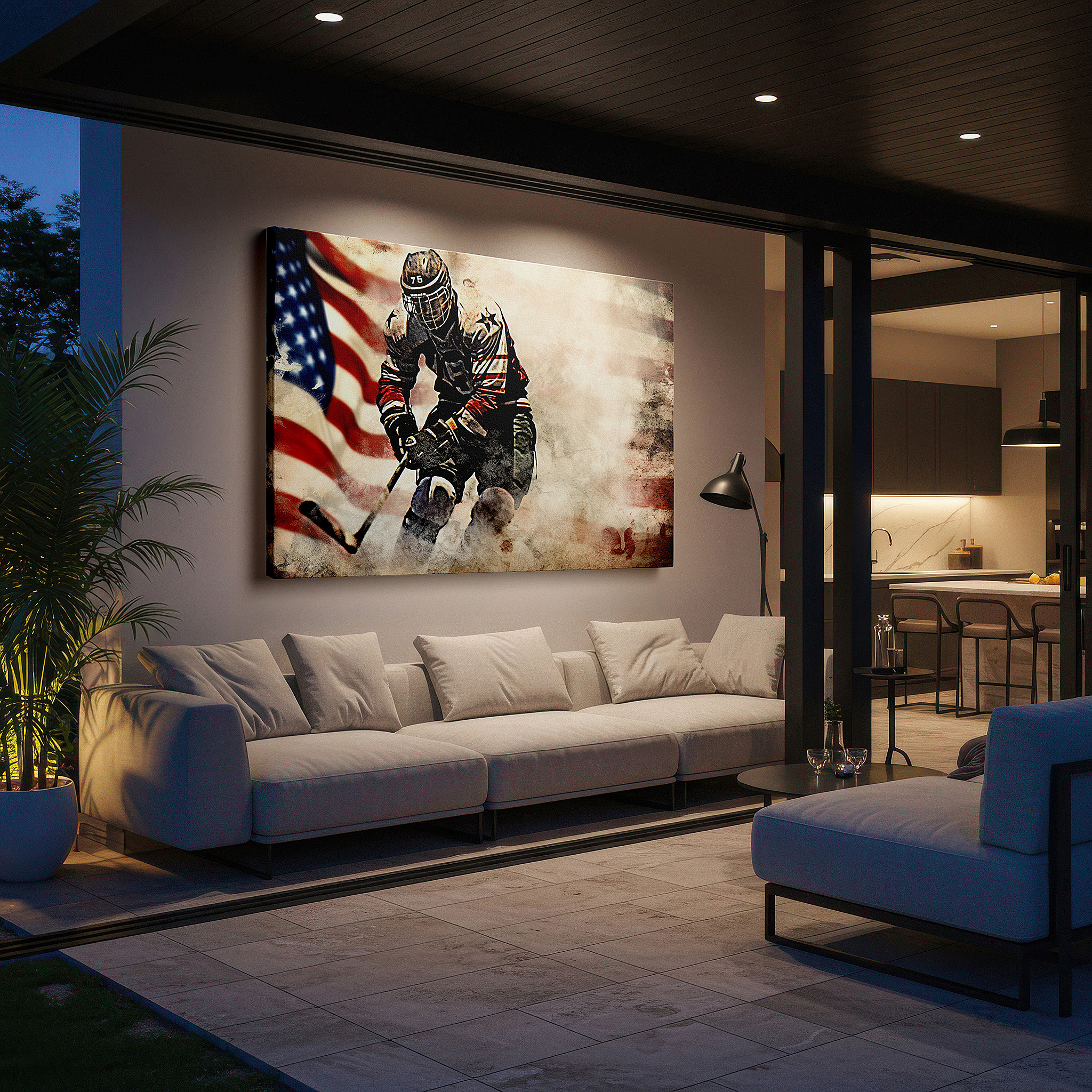 Close-up shows rich pigment, color blending, and brushwork texture — "hockey heroism in home design: a player's vigorous chase among stars and stripes" - large wall art, canvas wall art, wall decor for office