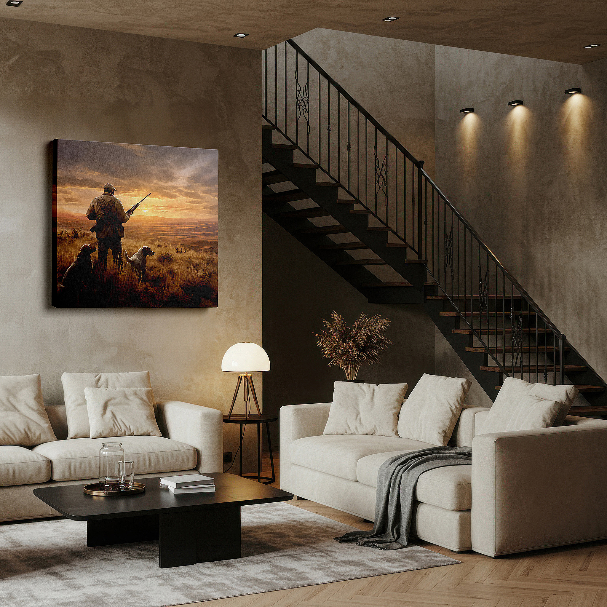Close-up shows rich pigment, color blending, and brushwork texture — hunter and dogs at sunset - companionship and adventure silhouette large wall art, canvas wall art, office wall decor