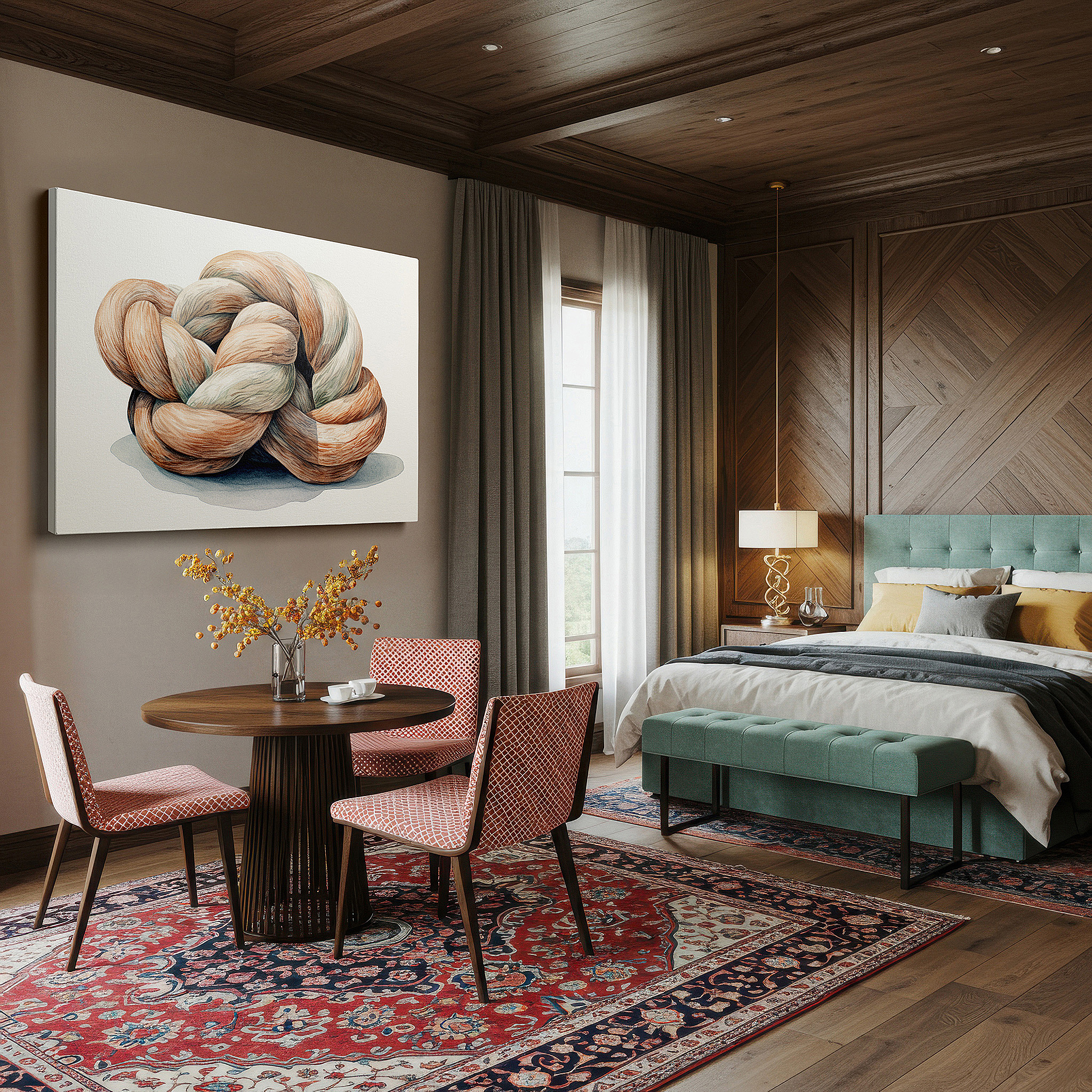 Close-up shows rich pigment, color blending, and brushwork texture — intricate rope knot canvas art representing life's connections - ideal for office and bedroom wall decor